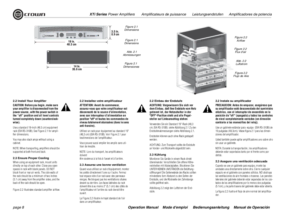 Crown Audio XTi 4000 Install Your Amplifier, Ensure Proper Cooling, Installez votre amplificateur, Einbau der Endstufe 