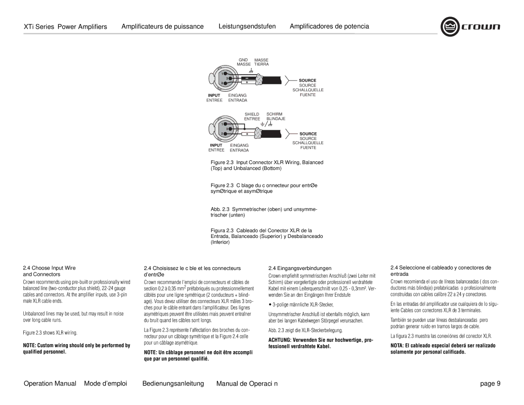 Crown Audio XTi 4000 operation manual Choose Input Wire and Connectors, Choisissez le câble et les connecteurs dentrée 