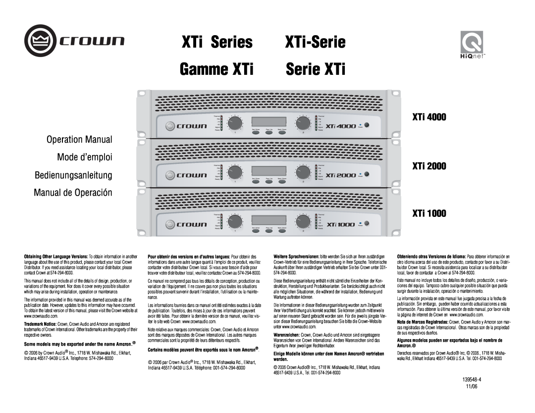 Crown Audio XTi 4000 operation manual XTi Series, XTi-Serie, Gamme XTi, Serie XTi, Bedienungsanleitung Manual de Operación 