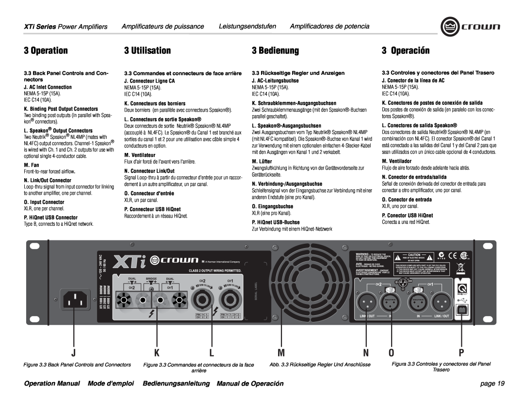 Crown Audio XTi 4000 Operación, Operation, Utilisation, Bedienung, XTi Series Power Amplifiers, Leistungsendstufen, M. Fan 