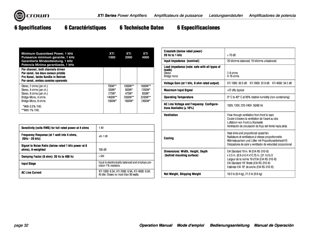 Crown Audio XTi 4000 operation manual Specifications, Caractéristiques, Technische Daten, Especificaciones, page 