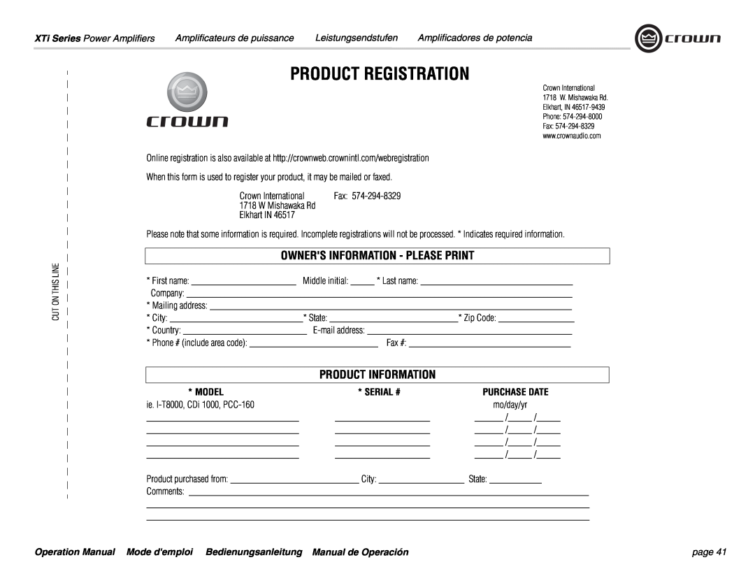 Crown Audio XTi 4000 Product Registration, Owners Information - Please Print, Product Information, Model, Serial # 