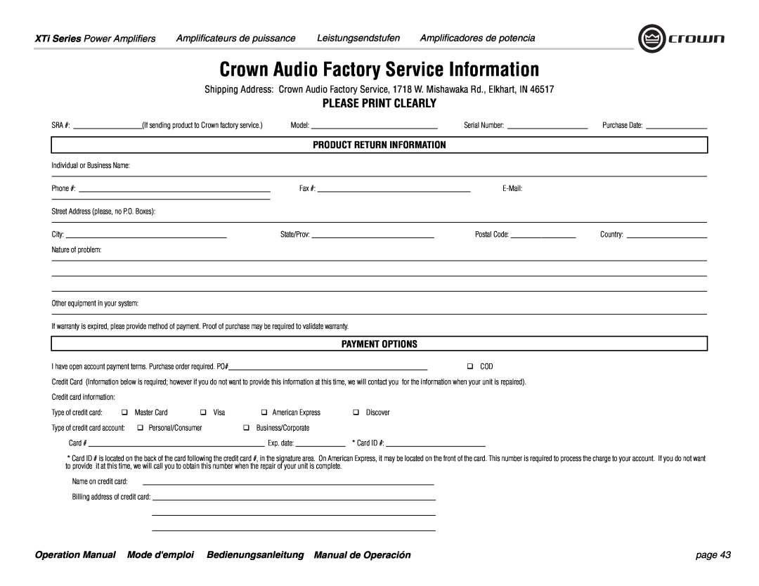 Crown Audio XTi 4000 Please Print Clearly, Payment Options, Crown Audio Factory Service Information, Leistungsendstufen 