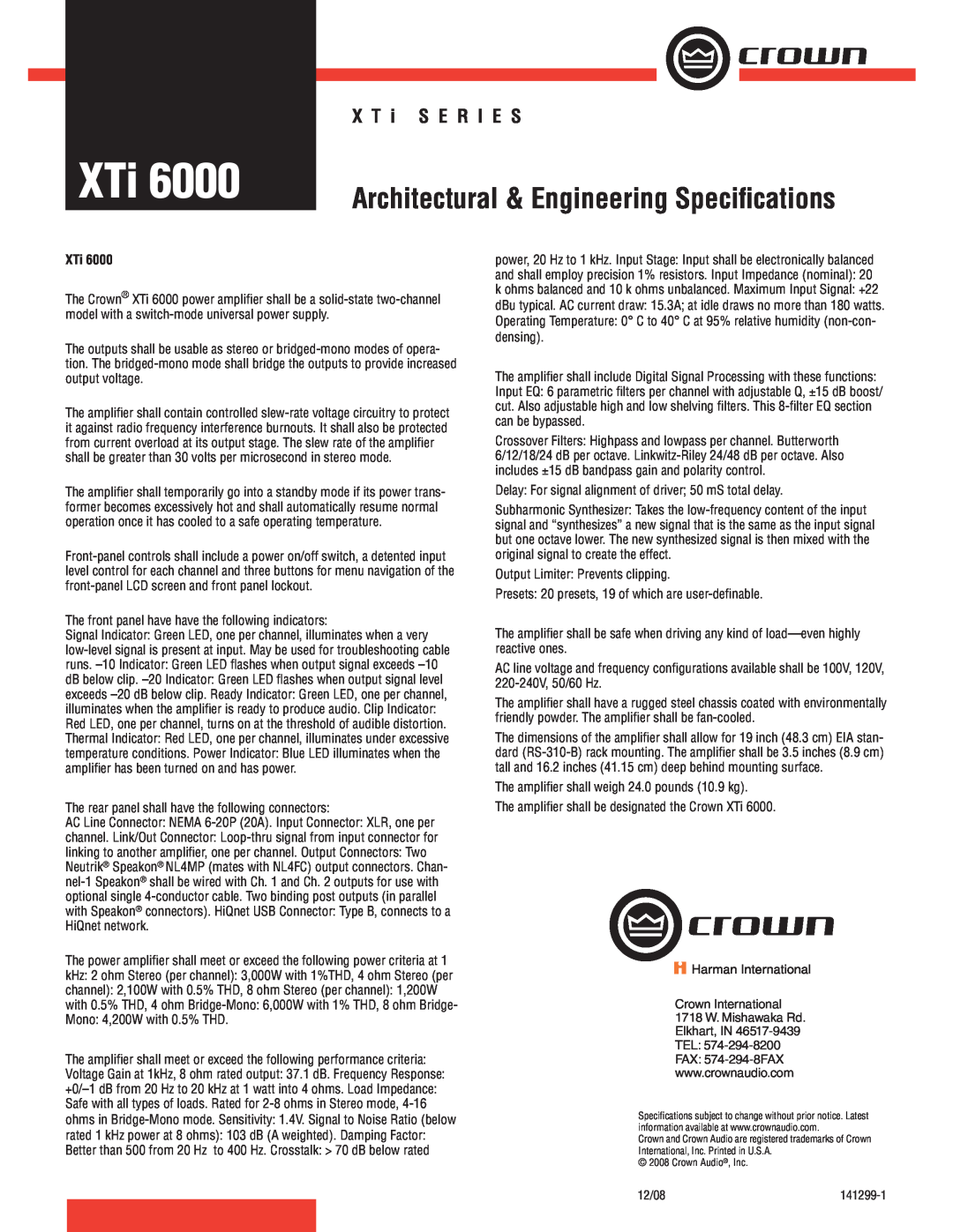 Crown Audio XTi 6000 specifications Architectural & Engineering Speciﬁcations, X T i S E R I E S 