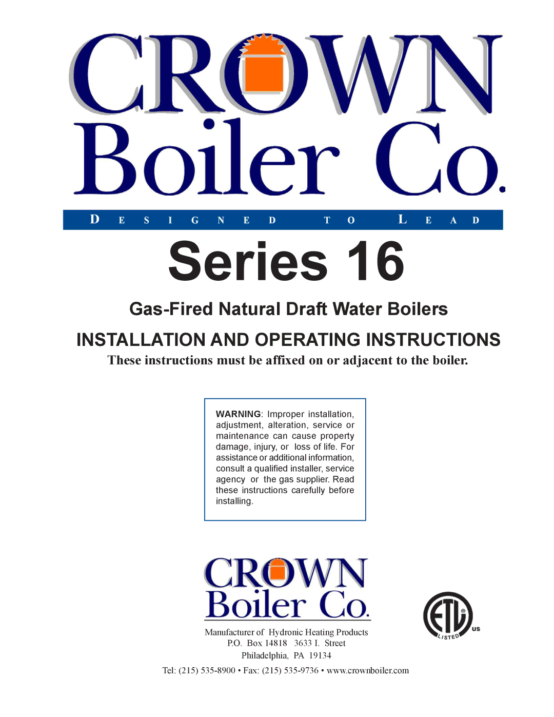 Crown Boiler 16-325 500506 manual Series 