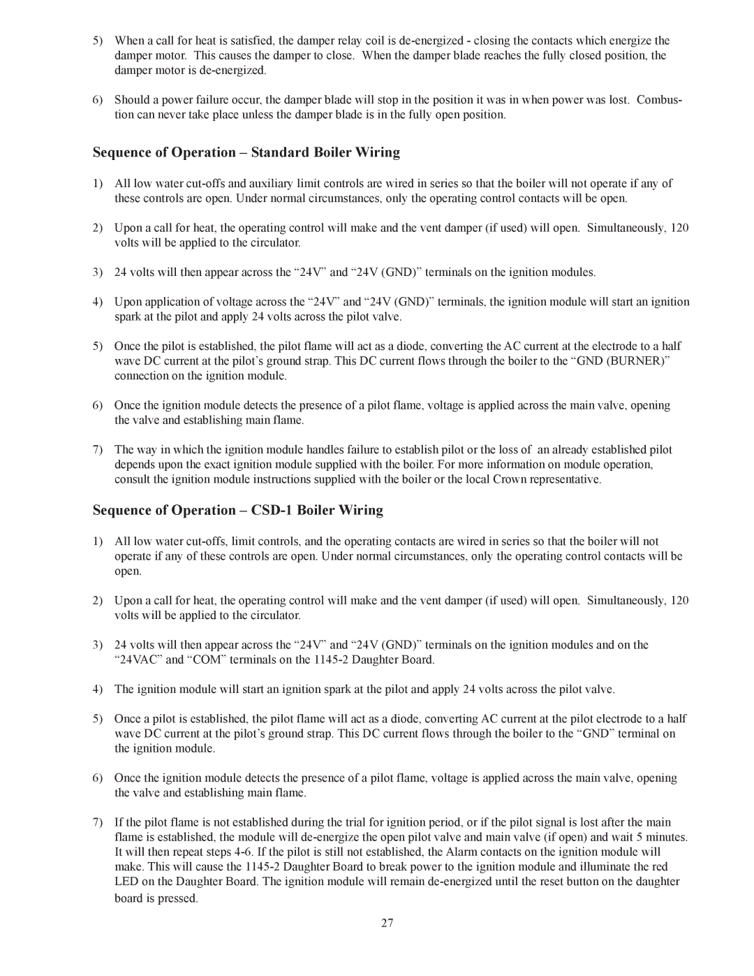 Crown Boiler 16-325 500506 Sequence of Operation Standard Boiler Wiring, Sequence of Operation CSD-1 Boiler Wiring, 2927 