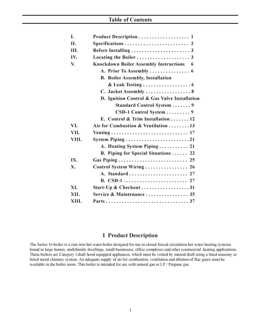 Crown Boiler 16-325 500506 manual Table of Contents, Product Description 