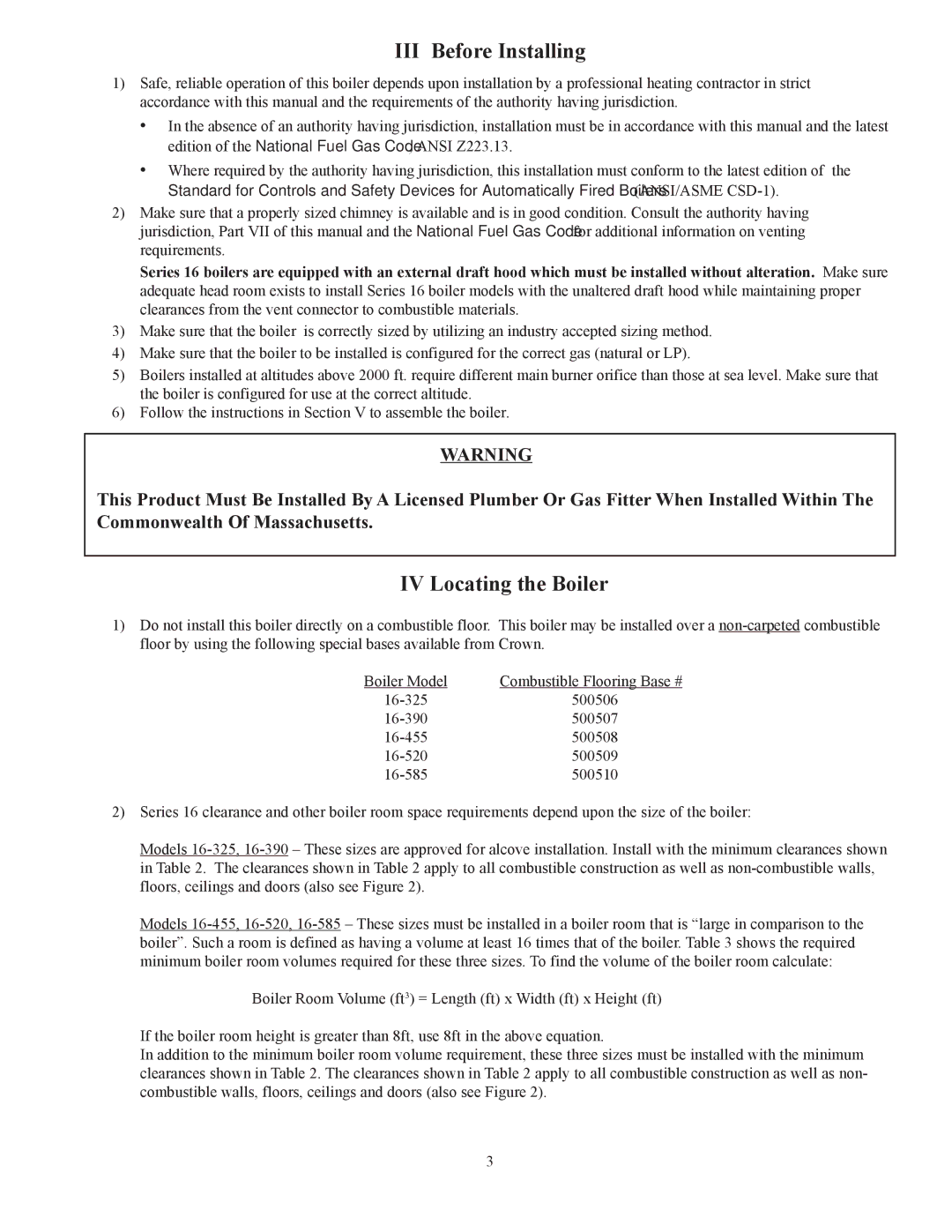 Crown Boiler 16-325 500506 manual III Before Installing, IV Locating the Boiler 