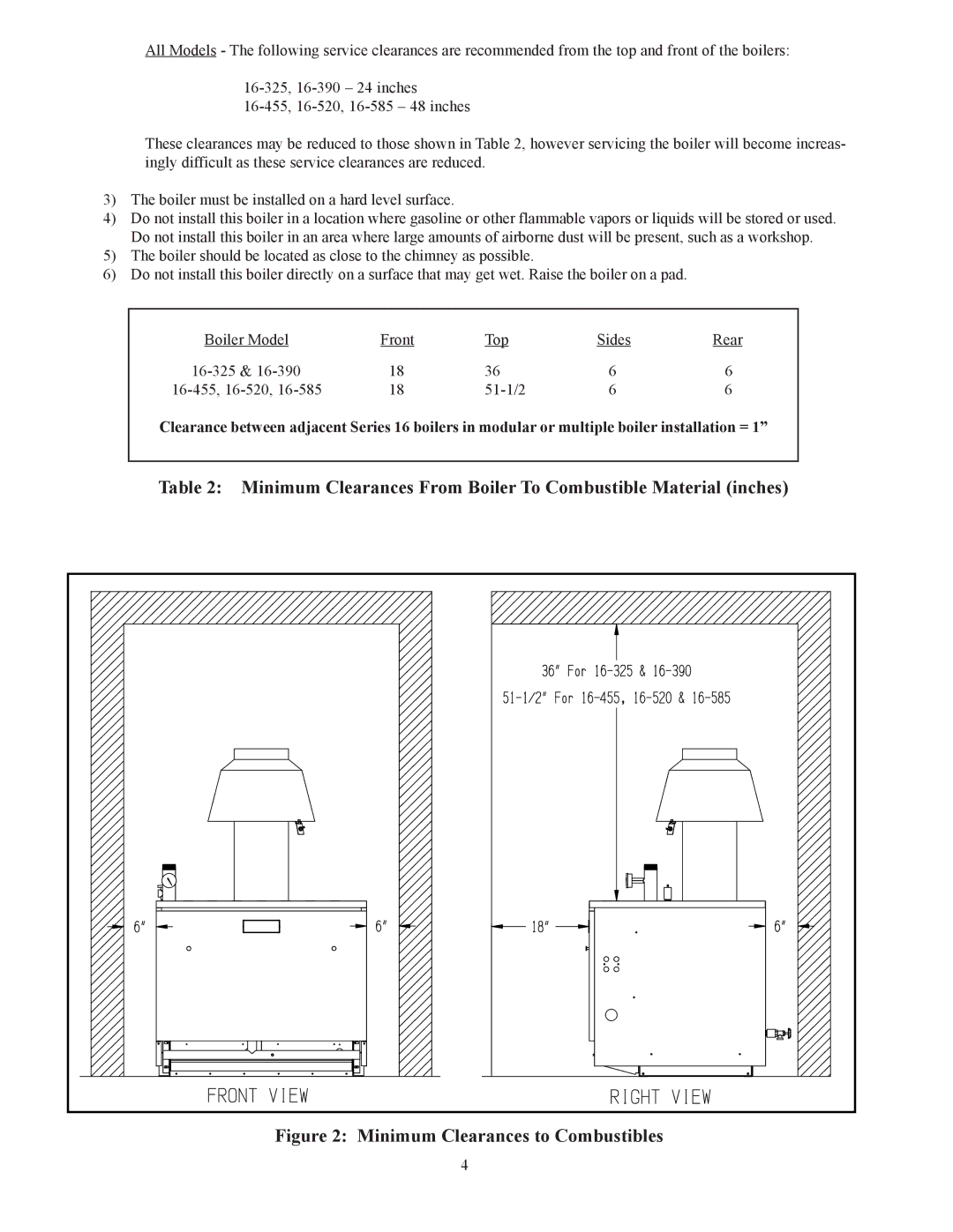 Crown Boiler 16-325 500506 manual Minimum Clearances to Combustibles 