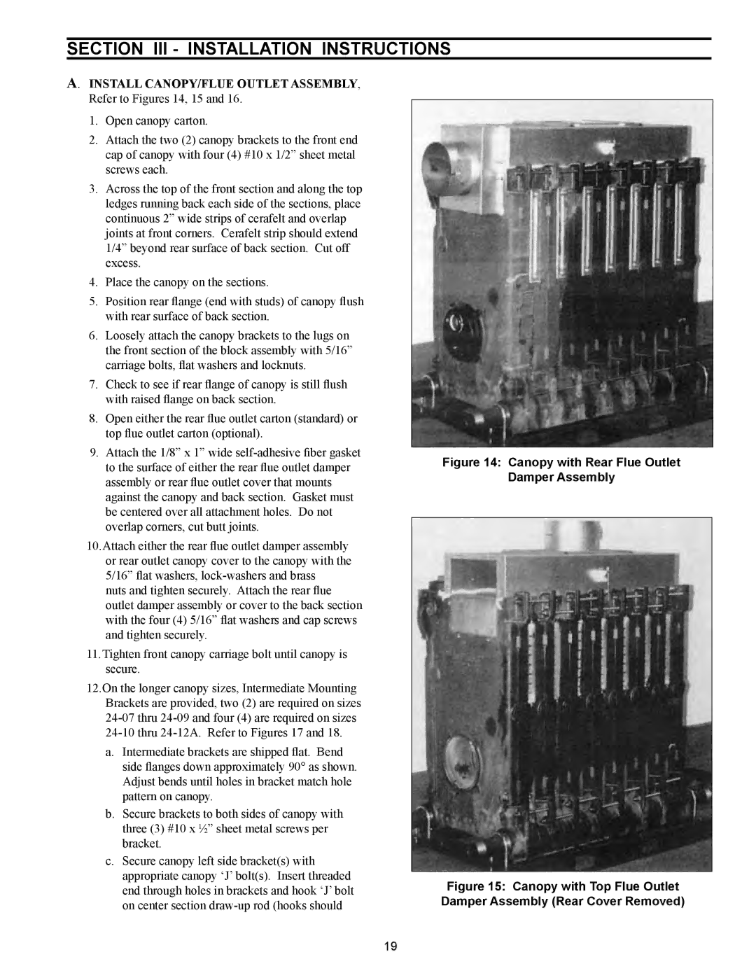 Crown Boiler 24-07, 24-11, 24-10, 24-08 Section III Installation Instructions, Canopy with Rear Flue Outlet Damper Assembly 