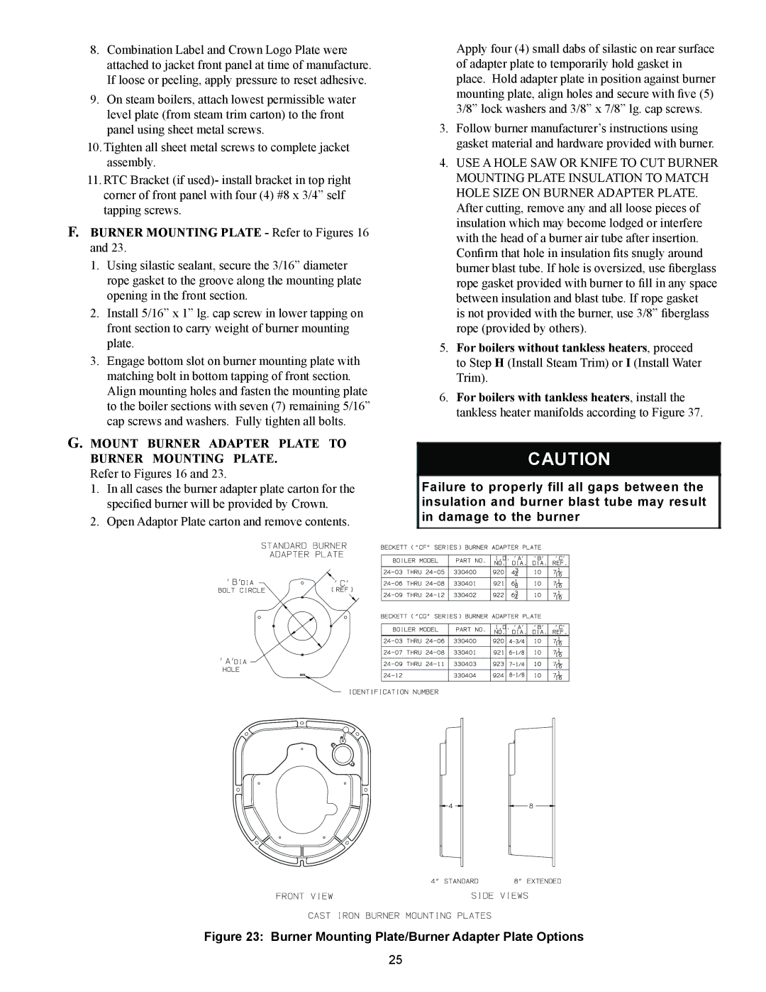 Crown Boiler 24-05, 24-11 Burner Mounting Plate Refer to Figures 16, Mount Burner Adapter Plate to Burner Mounting Plate 