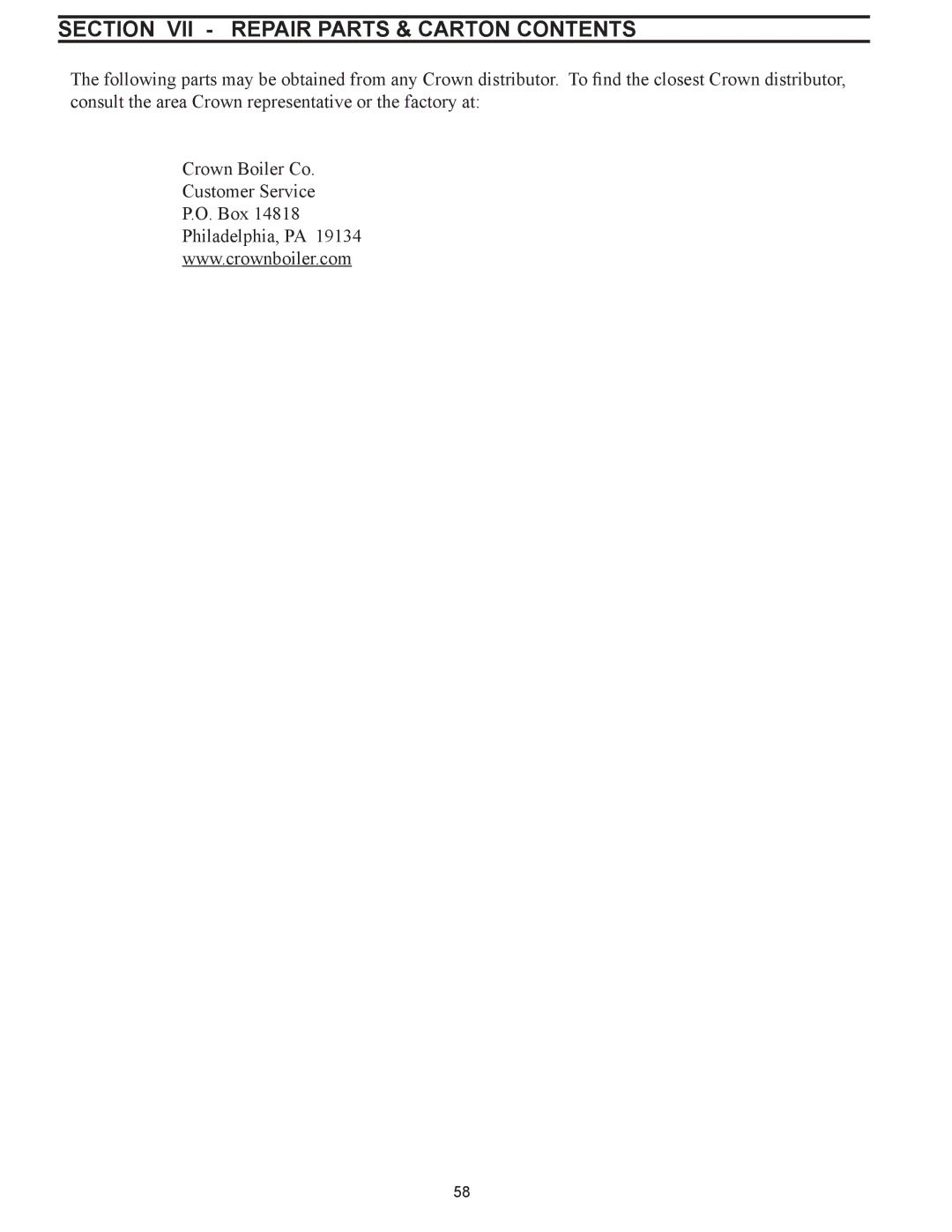 Crown Boiler 24-04, 24-11, 24-10, 24-08, 24-12, 24-06, 24-05, 24-09, 24-03, 24-07 Section VII Repair Parts & Carton Contents 