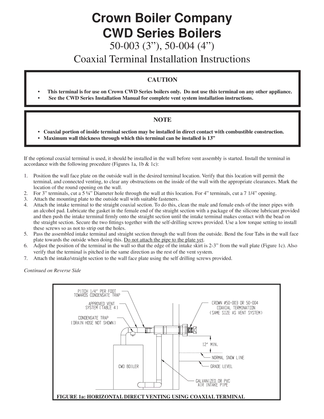 Crown Boiler 50-003, 50-004 installation instructions Crown Boiler Company CWD Series Boilers, On Reverse Side 