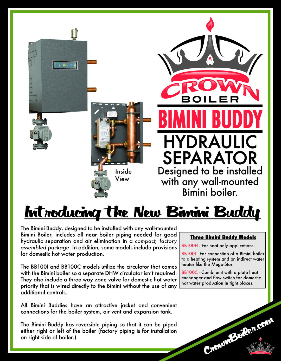 Crown Boiler BB100H, BB100C manual Hydraulic Separator, Introducing the New Bimini Buddy, Three Bimini Buddy Models 