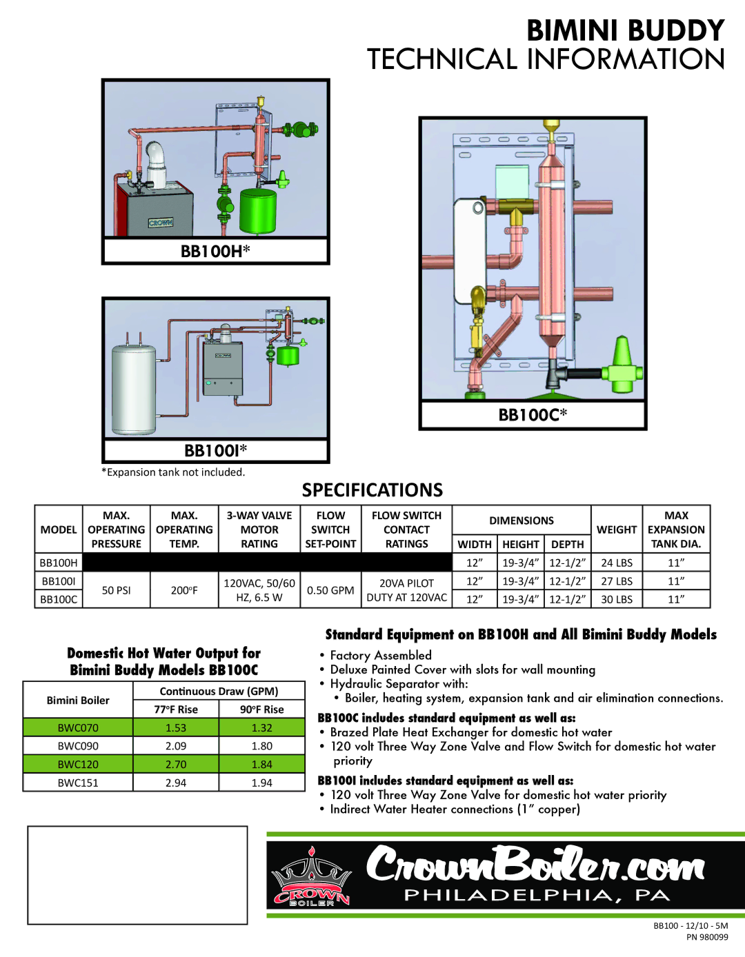 Crown Boiler BB100I, BB100C, BB100H manual Bimini Buddy Technical Information, Specifications 