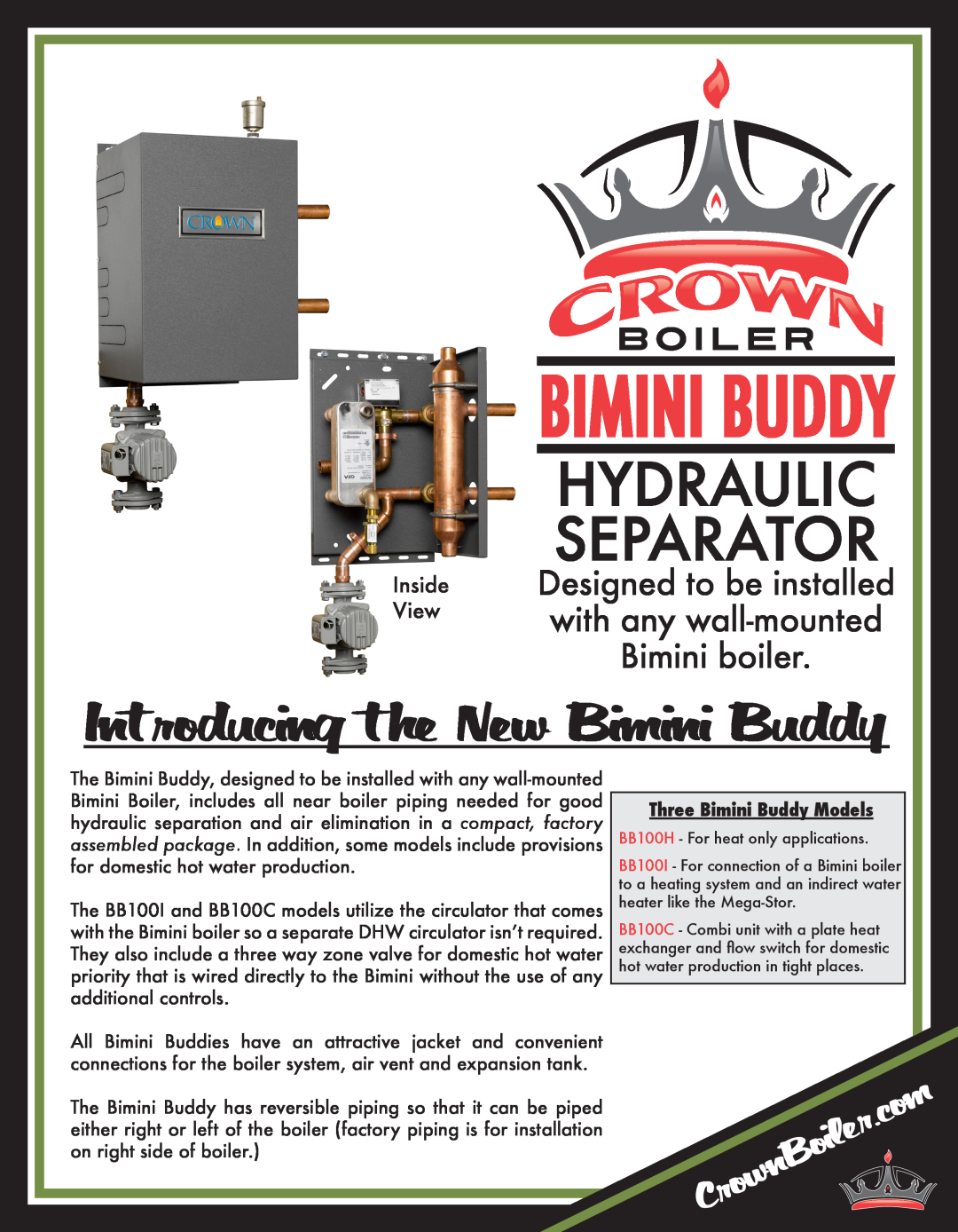 Crown Boiler BB100H manual Three Bimini Buddy Models, Hydraulic Separator, Introducing the New Bimini Buddy, Inside View 