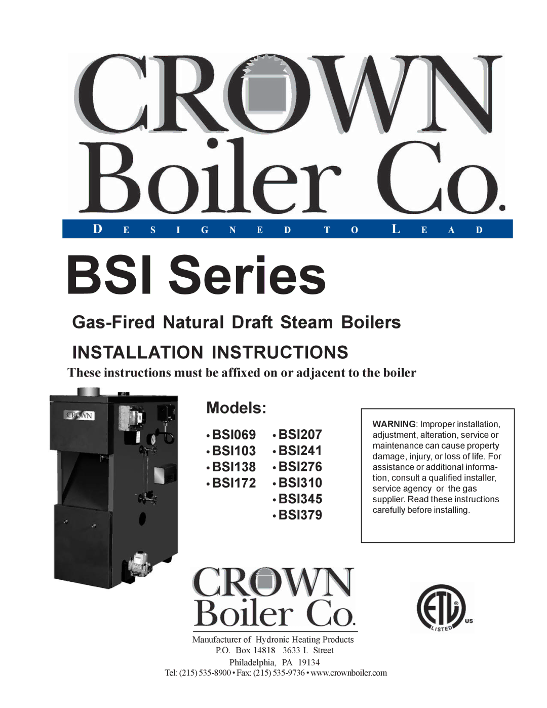 Crown Boiler BSI276, BSI241, BSI345, BSI379, BSI103, BSI138, BSI172, BSI069, BSI207, BSI310 installation instructions BSI Series 