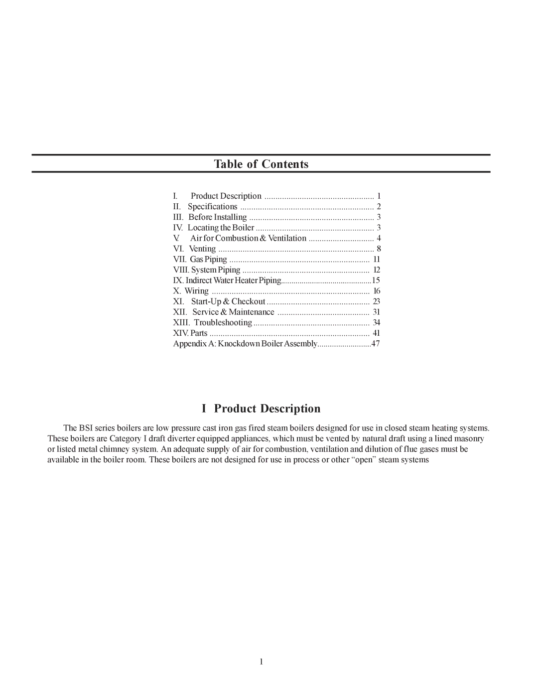 Crown Boiler BSI345, BSI241, BSI276, BSI379, BSI103, BSI138, BSI172, BSI069, BSI207, BSI310 Table of Contents, Product Description 