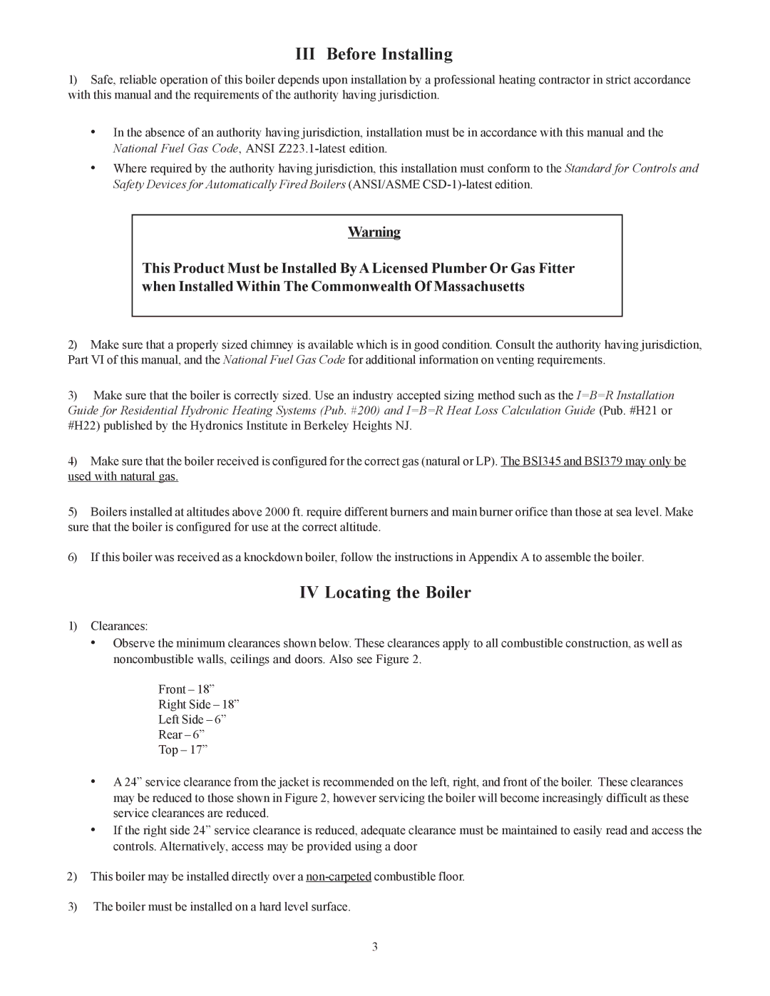 Crown Boiler BSI103, BSI241, BSI276, BSI345, BSI379, BSI138, BSI172, BSI069, BSI207 III Before Installing, IV Locating the Boiler 