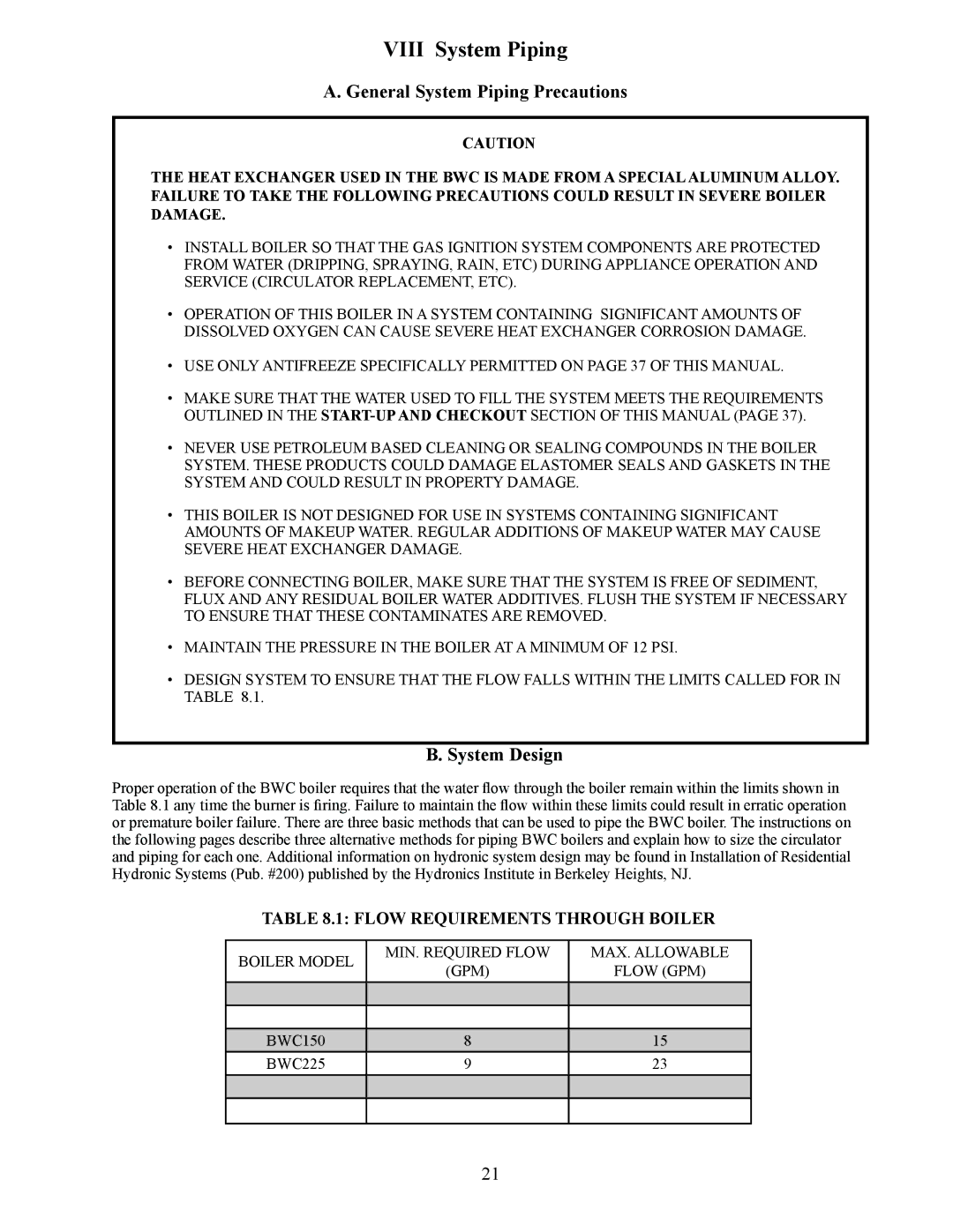 Crown Boiler BWC Series installation instructions Viii System Piping, General System Piping Precautions, System Design 