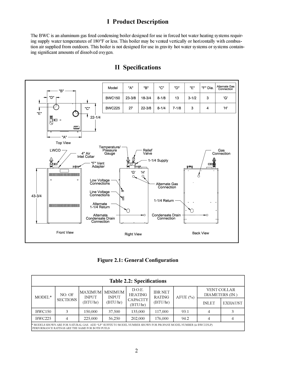 Crown Boiler BWC Series installation instructions Product Description, II Speciﬁcations 