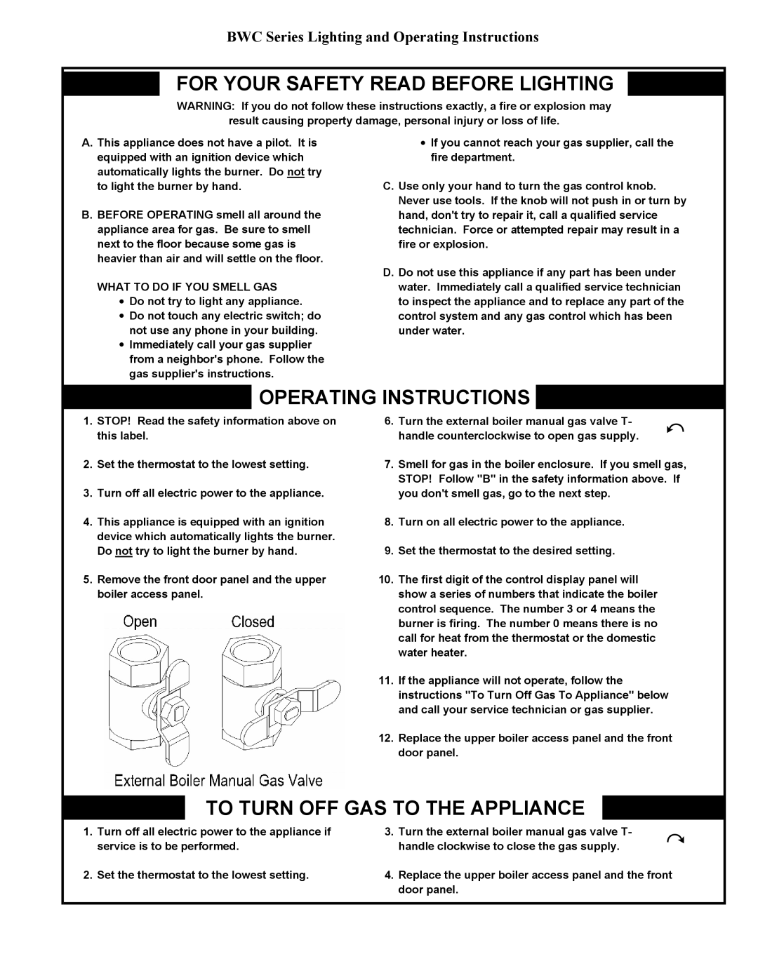 Crown Boiler For Your Safety Read Before Lighting, BWC Series Lighting and Operating Instructions 