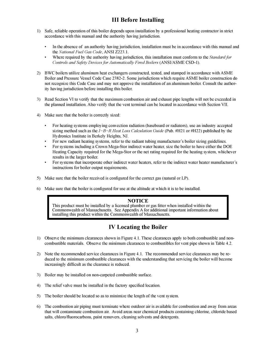 Crown Boiler BWC Series installation instructions III Before Installing, IV Locating the Boiler 