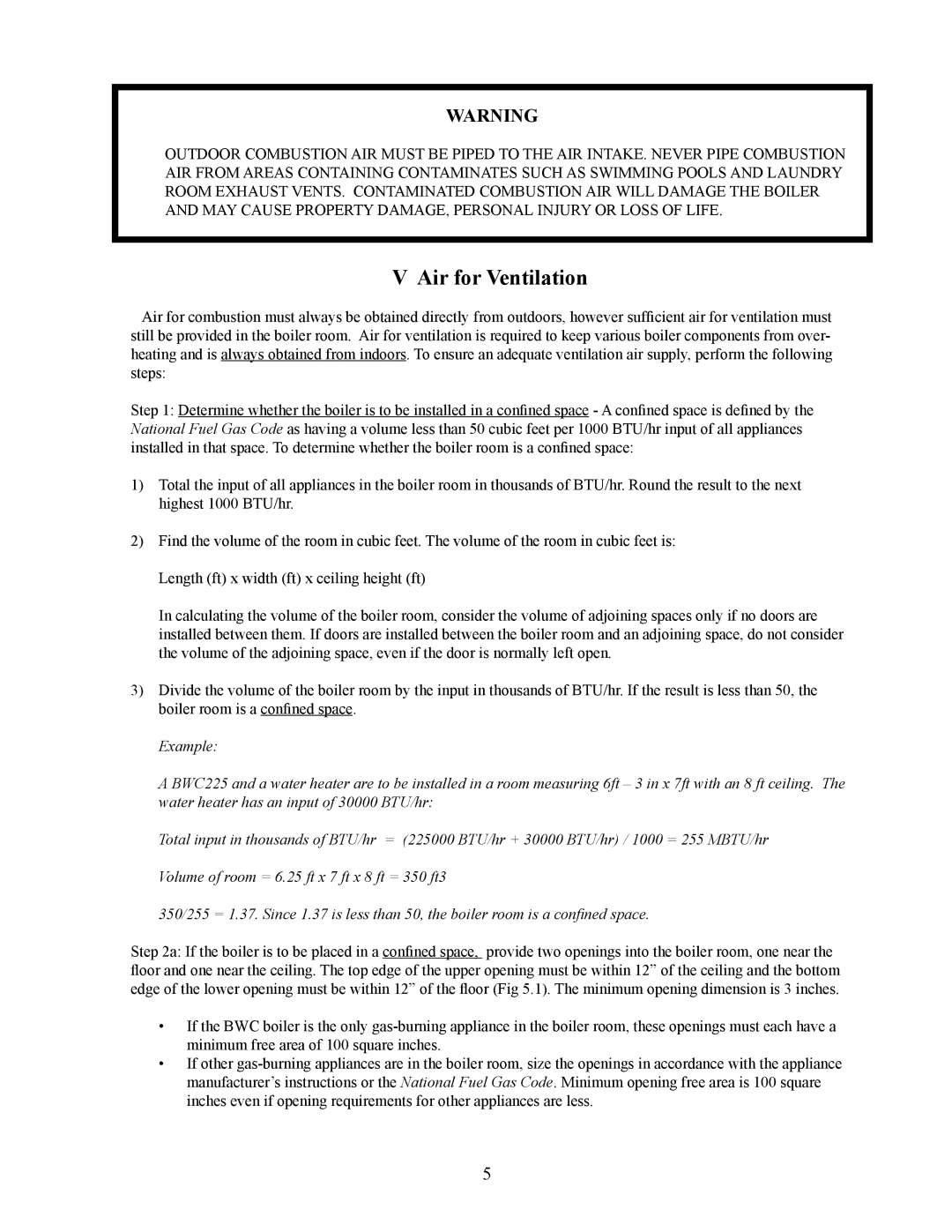 Crown Boiler BWC Series installation instructions Air for Ventilation 