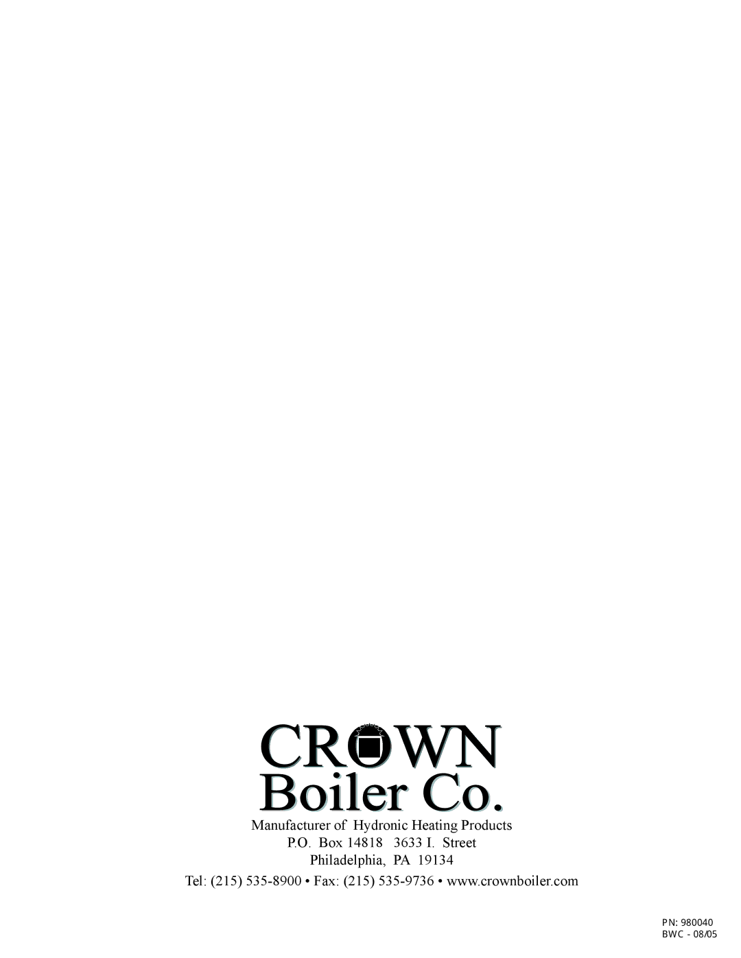 Crown Boiler BWC Series installation instructions PN 980040 BWC 08/05 