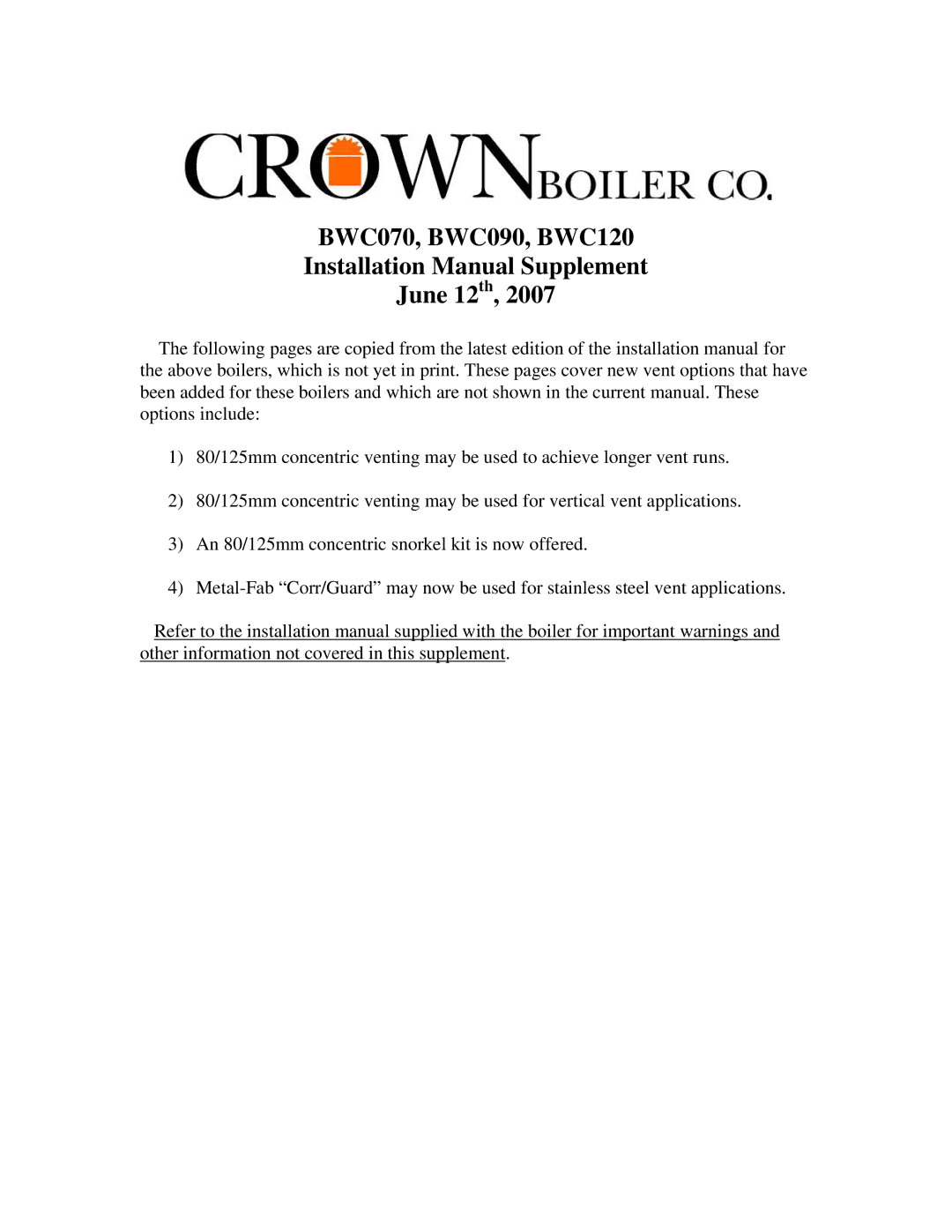 Crown Boiler BWC090, BWC120, BWC070 installation manual 