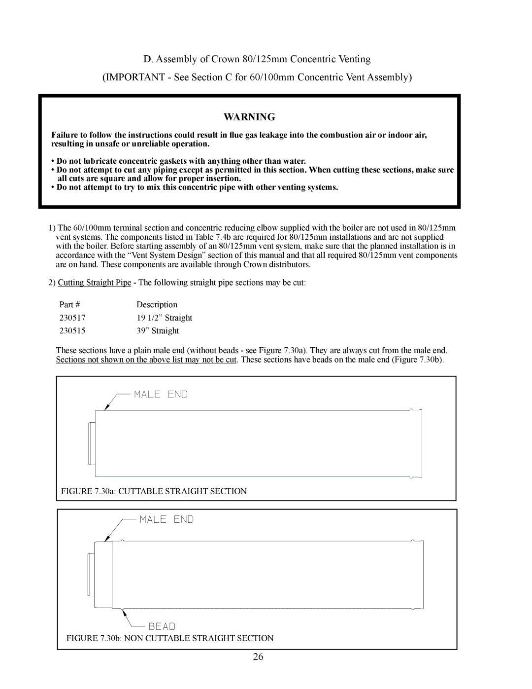 Crown Boiler BWC070, BWC120, BWC090 installation manual 30a Cuttable Straight Section 