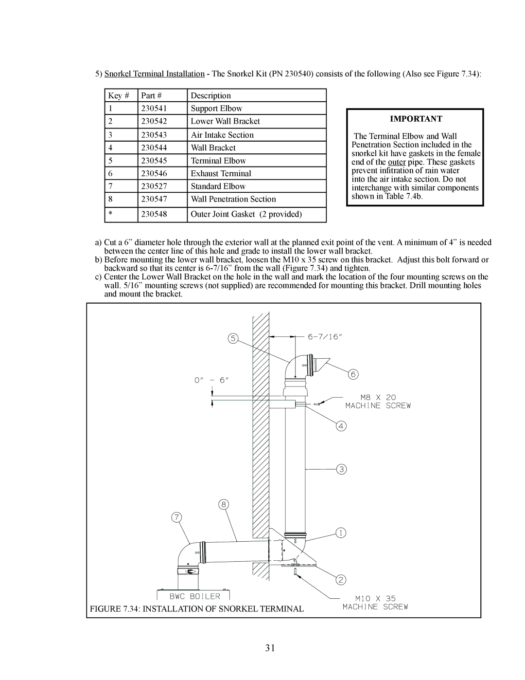 Crown Boiler BWC090, BWC120, BWC070 installation manual Installation of Snorkel Terminal 