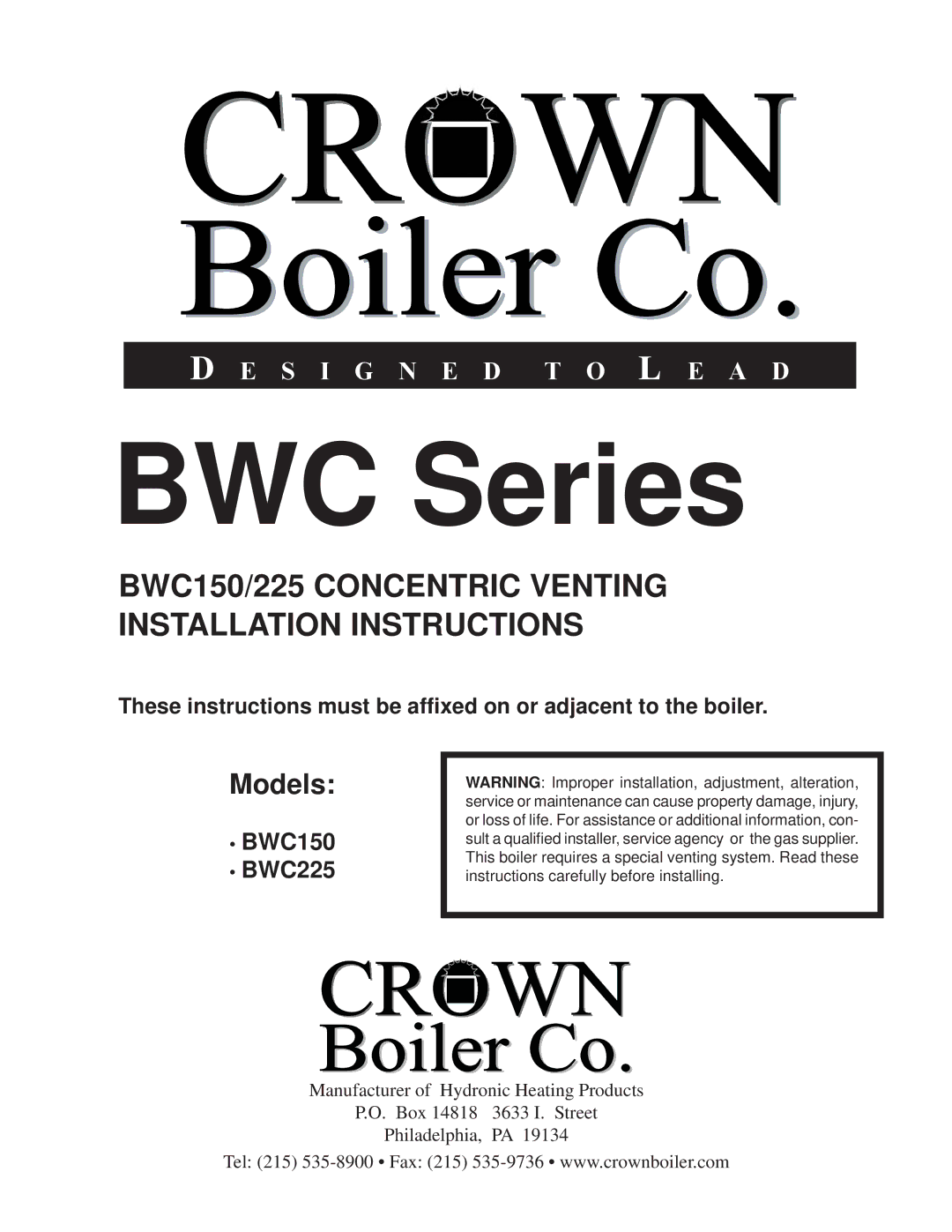 Crown Boiler BWC150/225 installation instructions BWC Series 