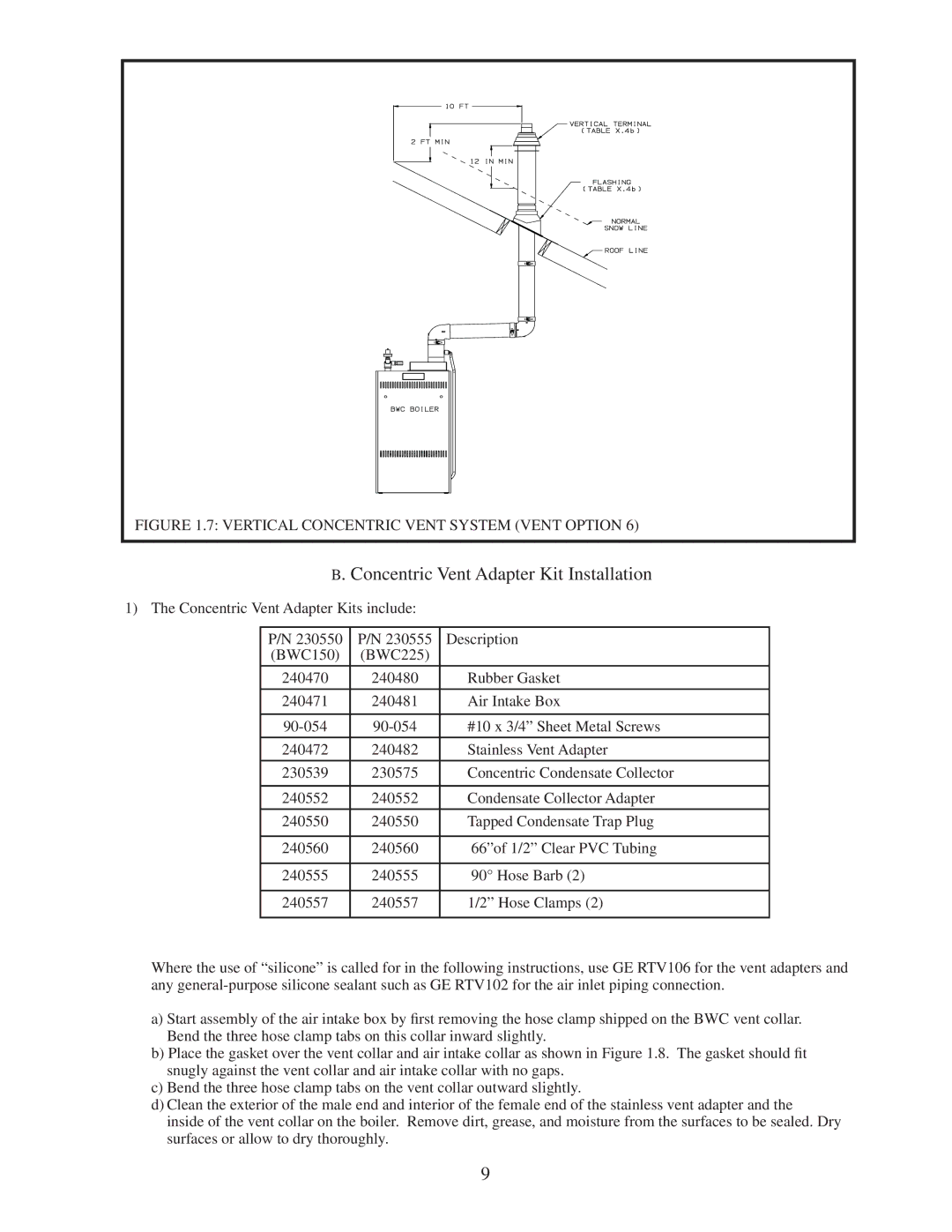 Crown Boiler BWC150/225 installation instructions Concentric Vent Adapter Kit Installation 