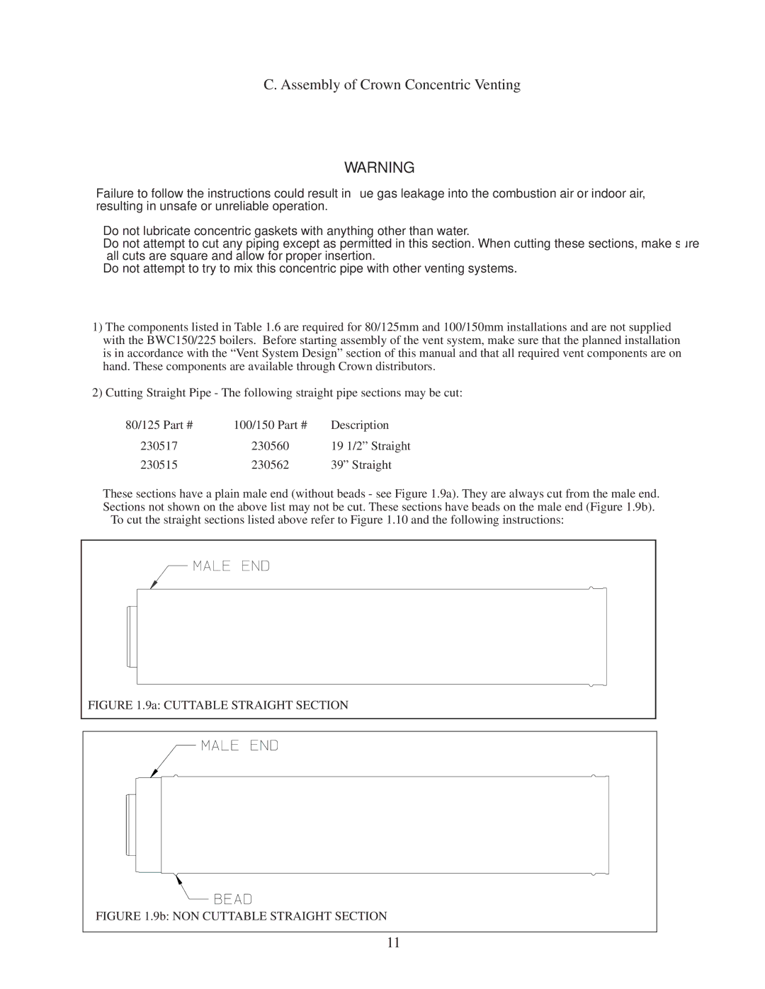 Crown Boiler BWC150/225 installation instructions Assembly of Crown Concentric Venting 