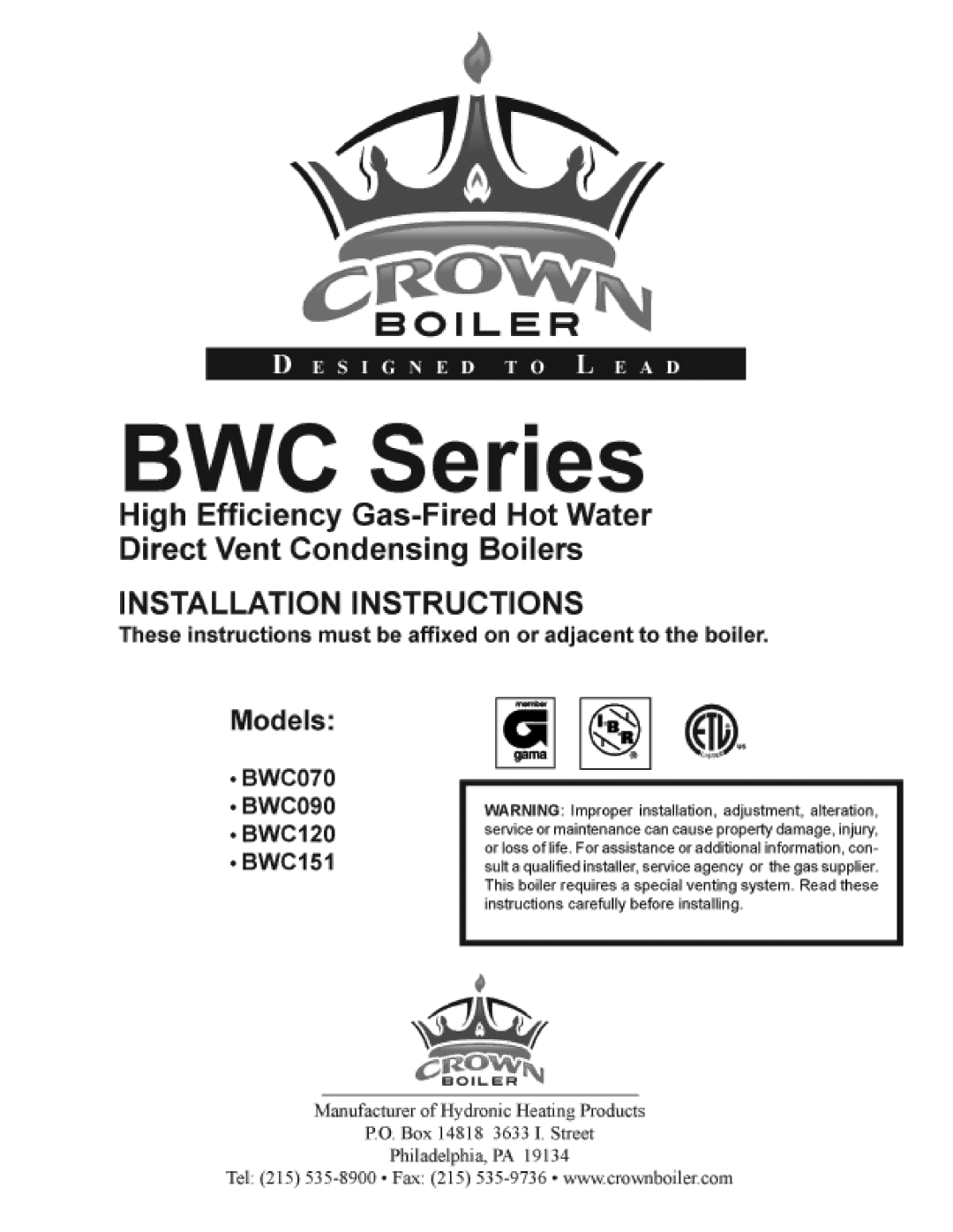 Crown Boiler BWC151 manual 