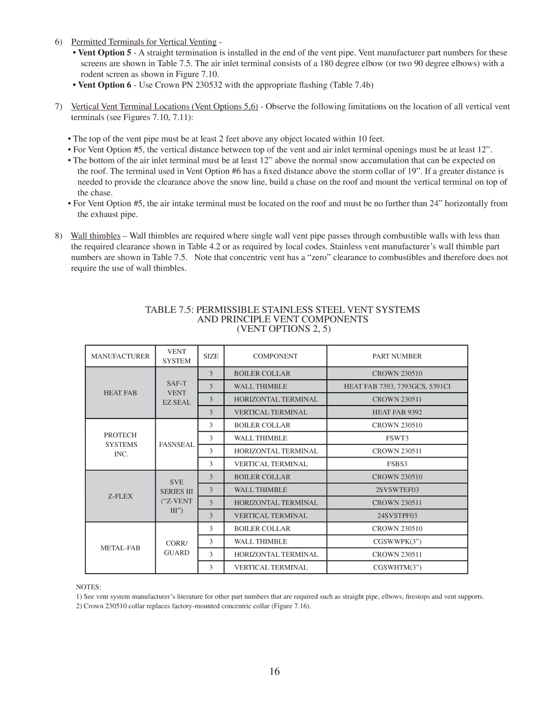 Crown Boiler BWC151 manual Manufacturer Vent Size Component Part Number 