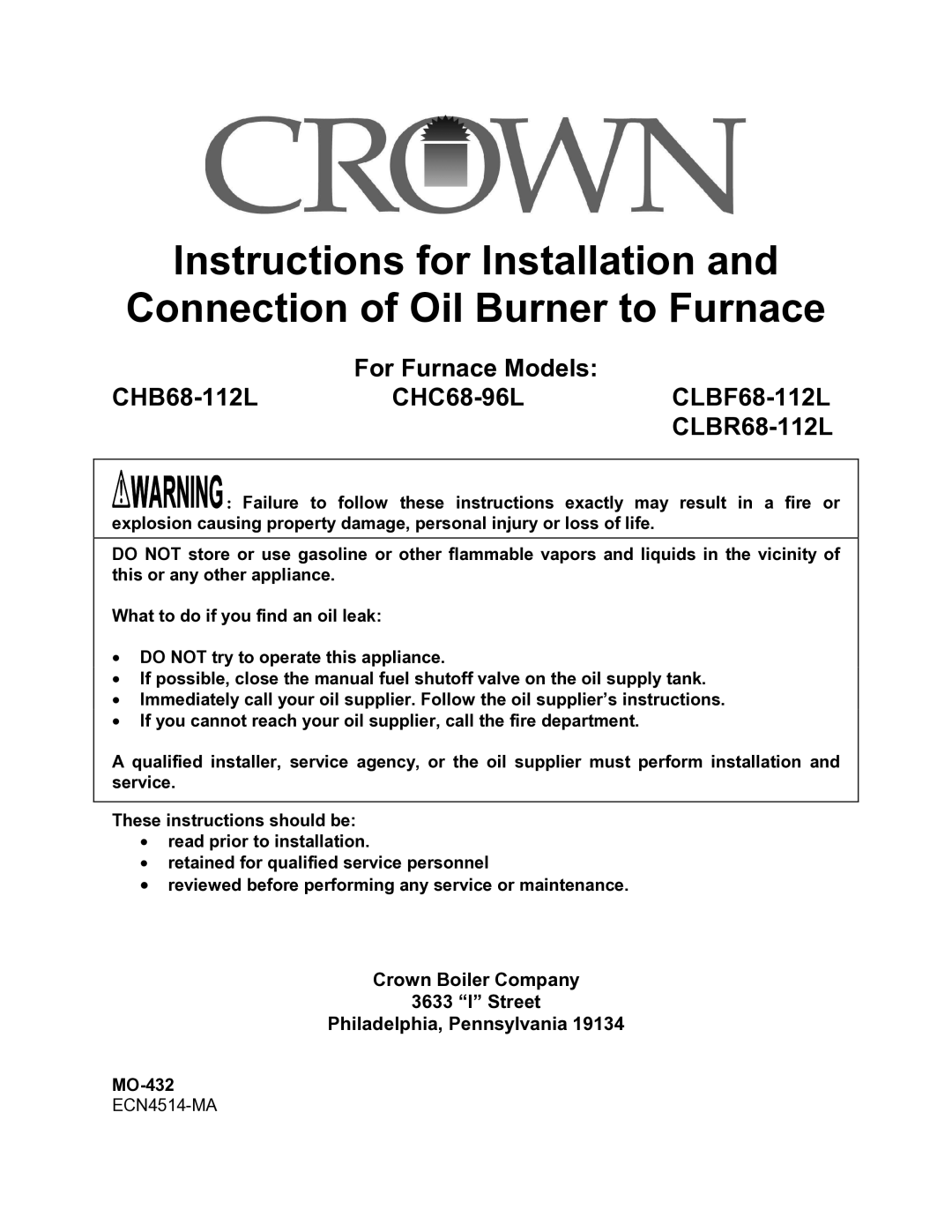 Crown Boiler CHB68-112L, CLBR68-112L, CHC68-96L, CLBF68-112L manual Crown Boiler Company Street Philadelphia, Pennsylvania 