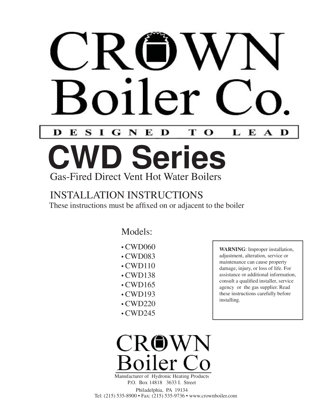 Crown Boiler CWD220, CWD083, CWD060, CWD165, CWD138, CWD193, CWD245, CWD110 installation instructions CWD Series 