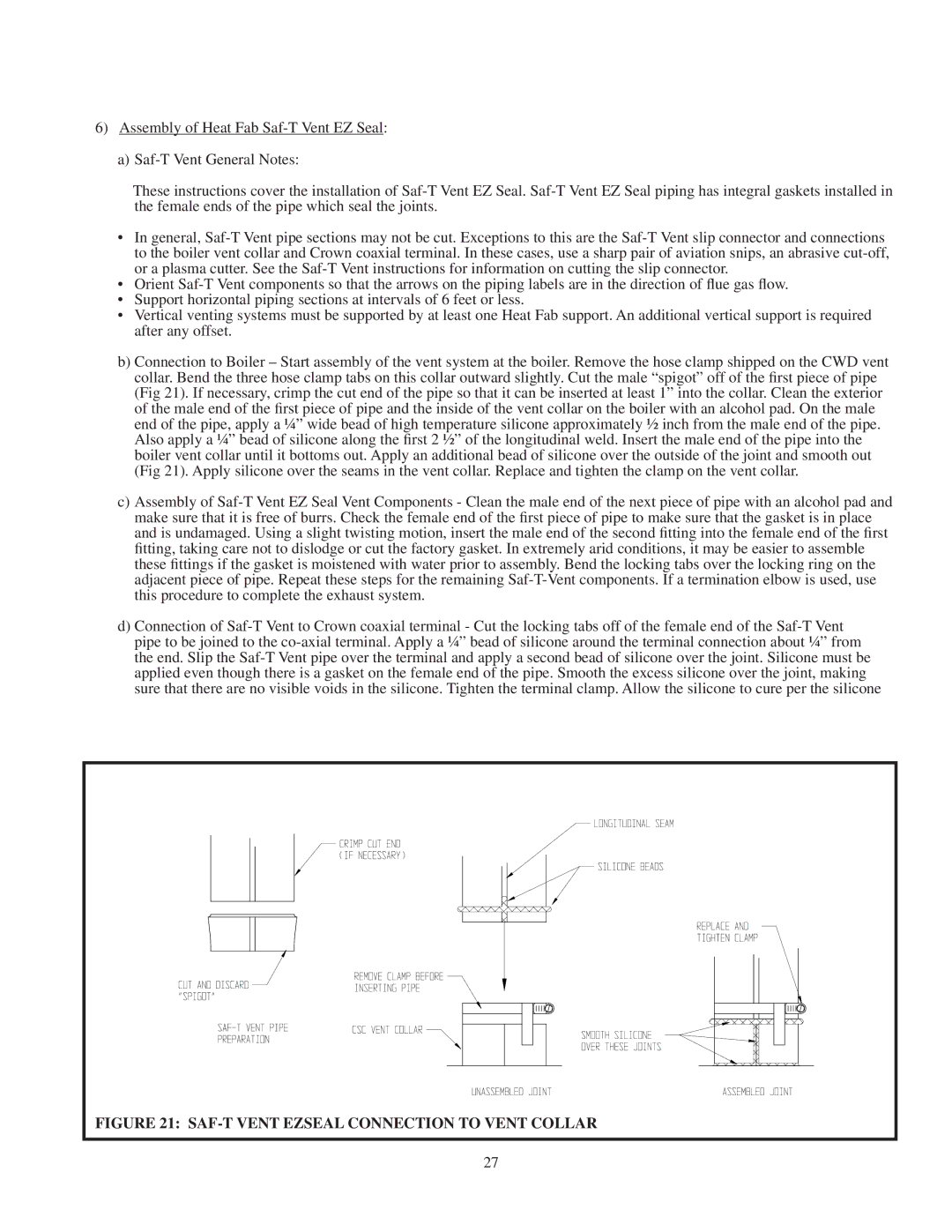 Crown Boiler CWD193, CWD083, CWD220, CWD060, CWD165, CWD138, CWD245, CWD110 SAF-T Vent Ezseal Connection to Vent Collar 