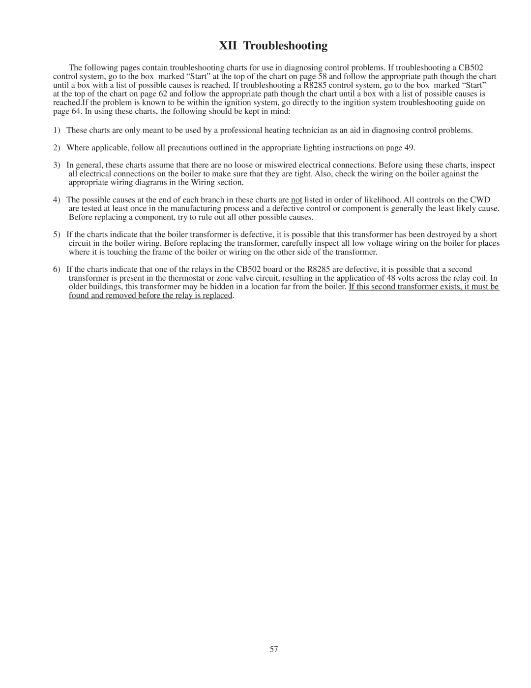 Crown Boiler CWD165, CWD083, CWD220, CWD060, CWD138, CWD193, CWD245, CWD110 installation instructions XII Troubleshooting 