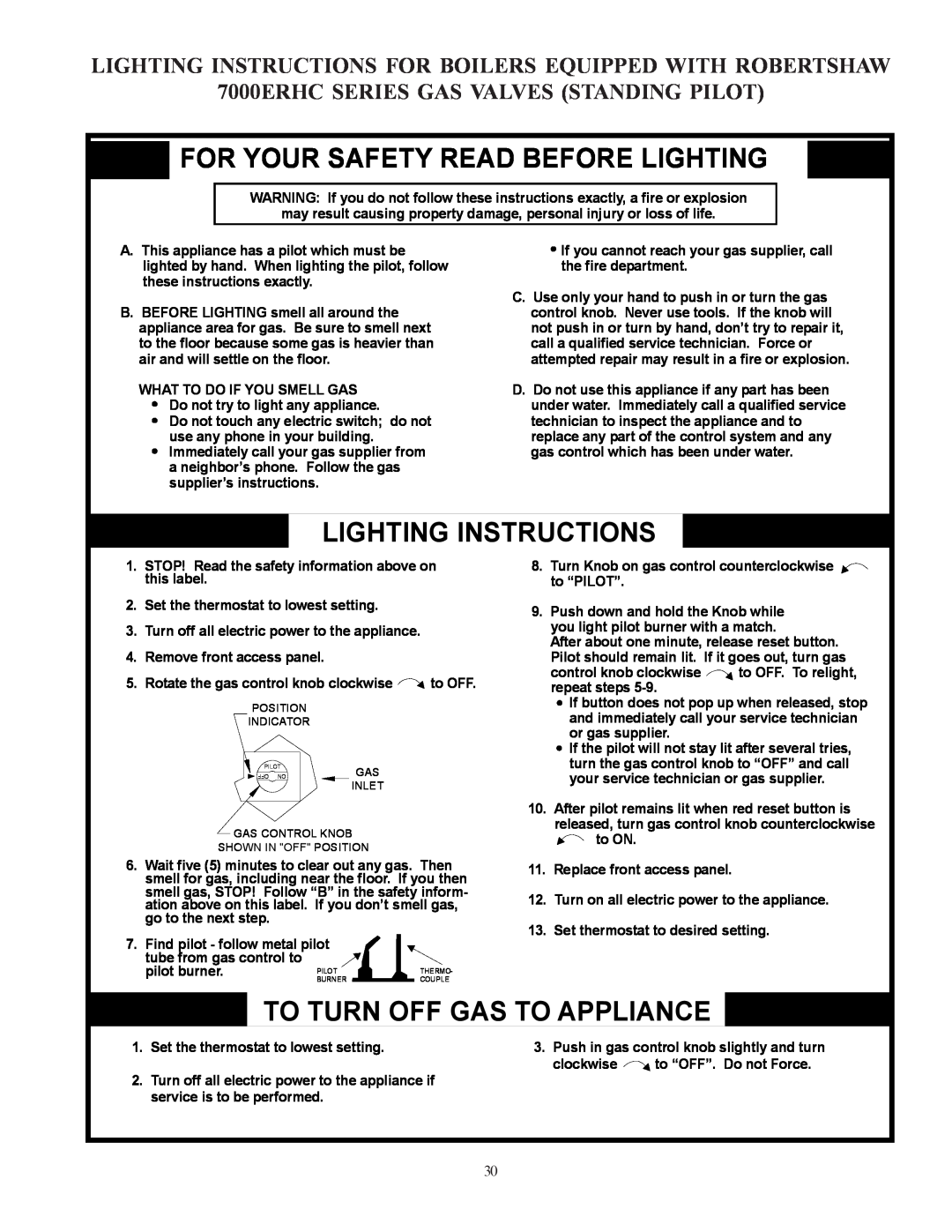 Crown Boiler CWI207 For Your Safety Read Before Lighting, Lighting Instructions For Boilers Equipped With Robertshaw 