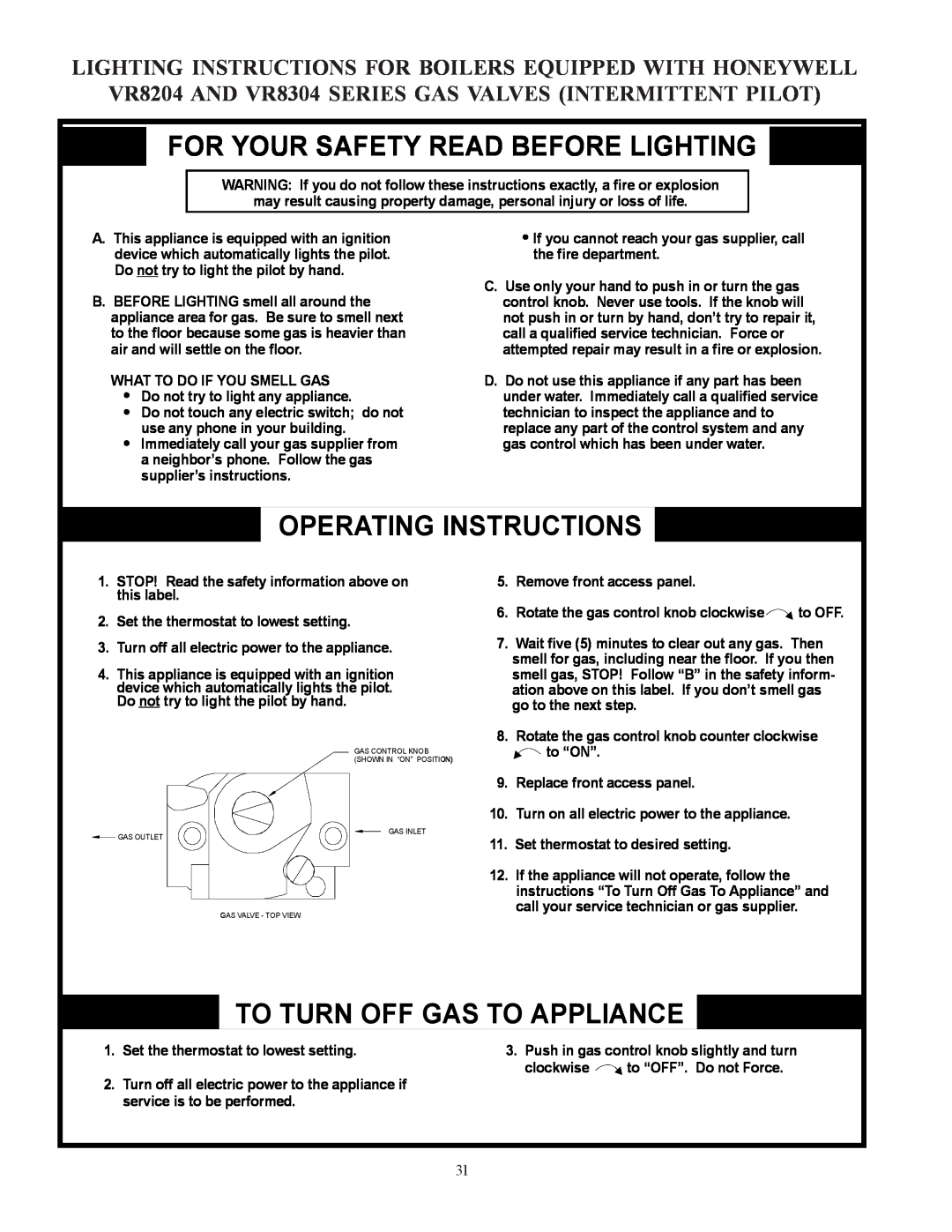 Crown Boiler CWI138, CWI172 For Your Safety Read Before Lighting, Operating Instructions, To Turn Off Gas To Appliance 