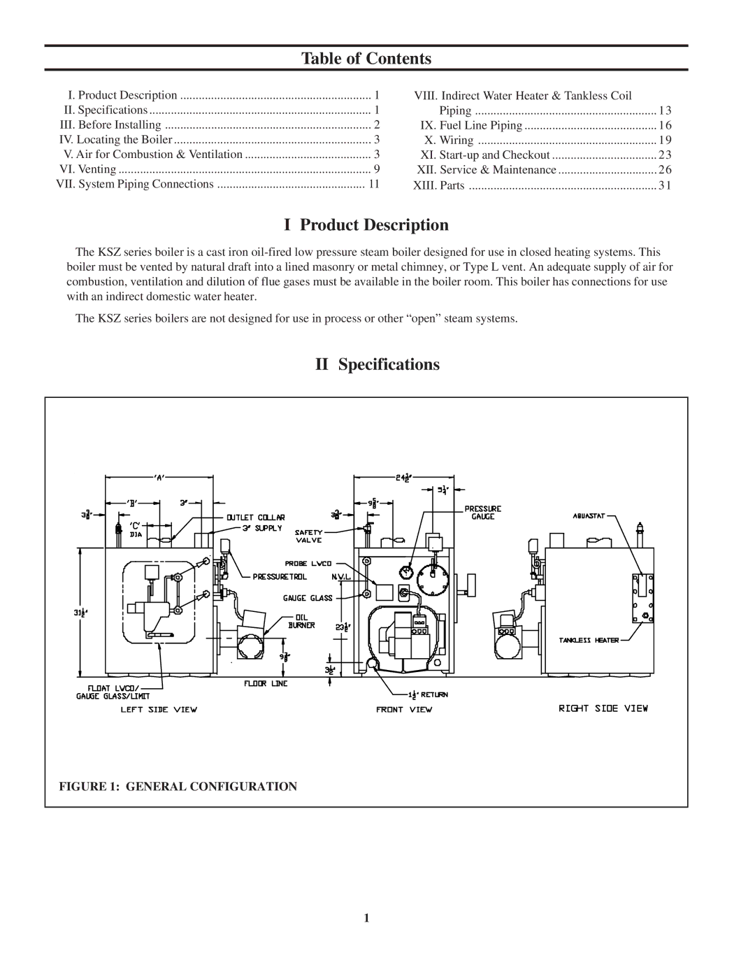 Crown Boiler KSZ200, KSZ150, KSZ125, KSZ175, KSZ120, KSZ065, KSZ090, KSZ100, KSZ075 Table of Contents, Product Description 