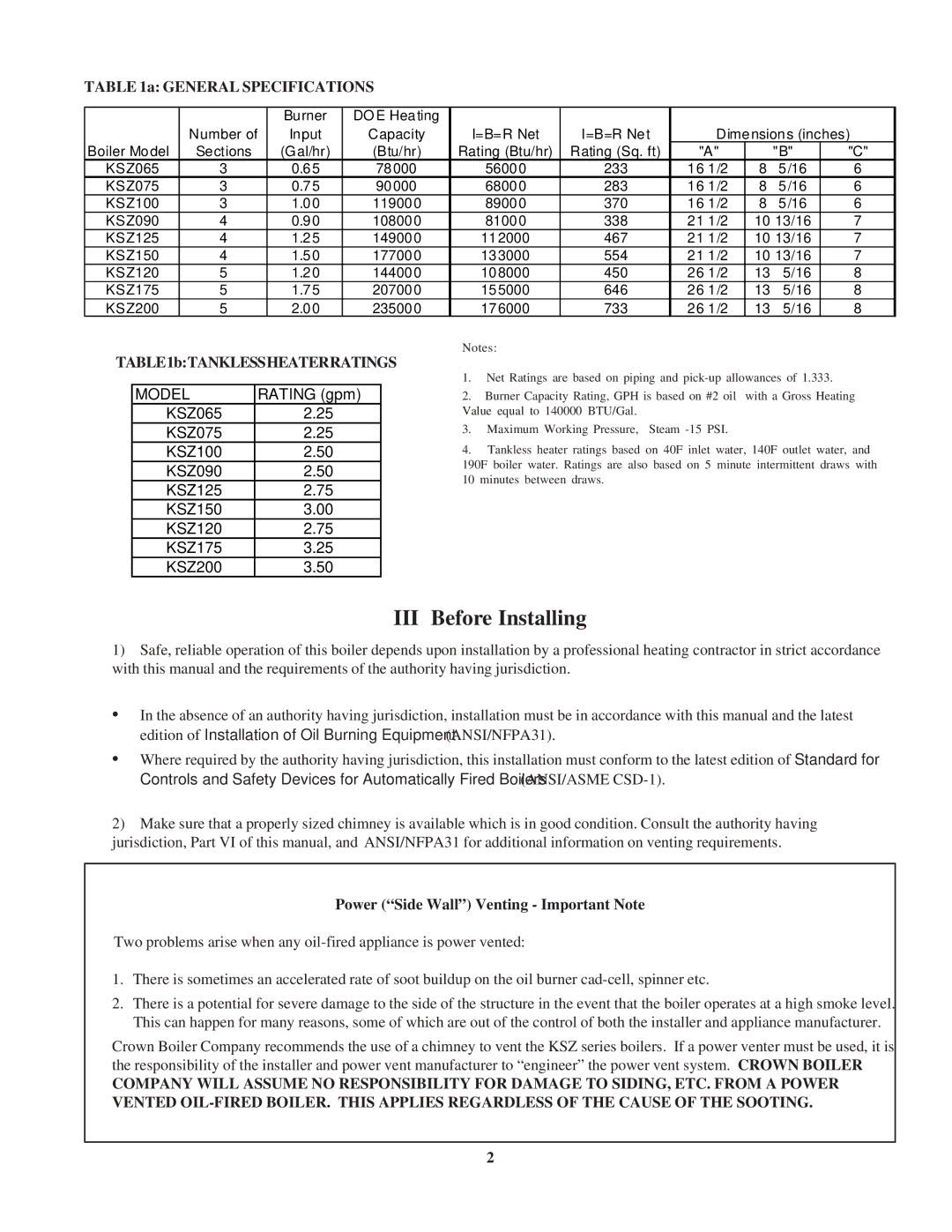 Crown Boiler KSZ175, KSZ150, KSZ125, KSZ200, KSZ120, KSZ065, KSZ090, KSZ100, KSZ075 III Before Installing, General Specifications 