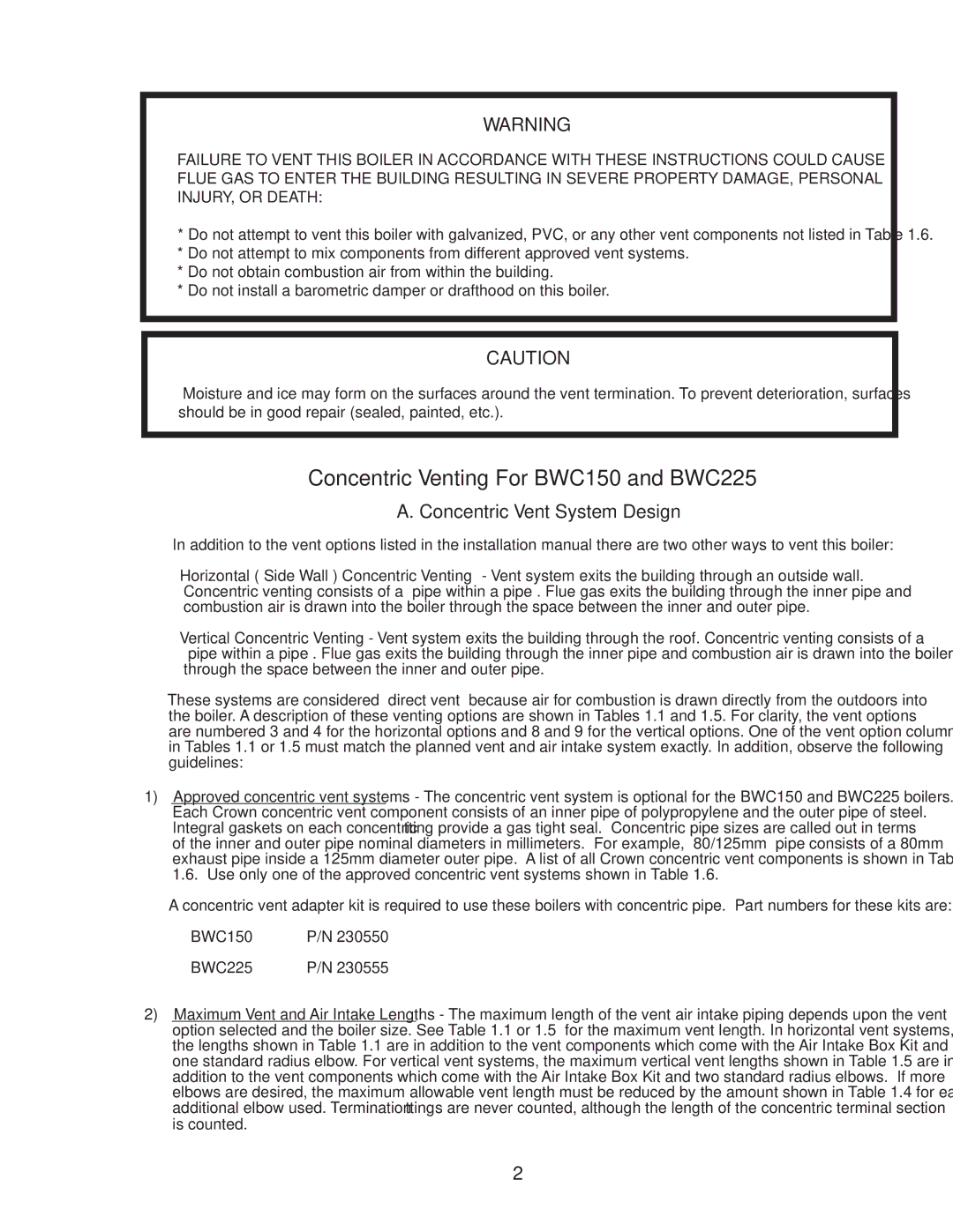 Crown Boiler M600 installation instructions Concentric Venting For BWC150 and BWC225 