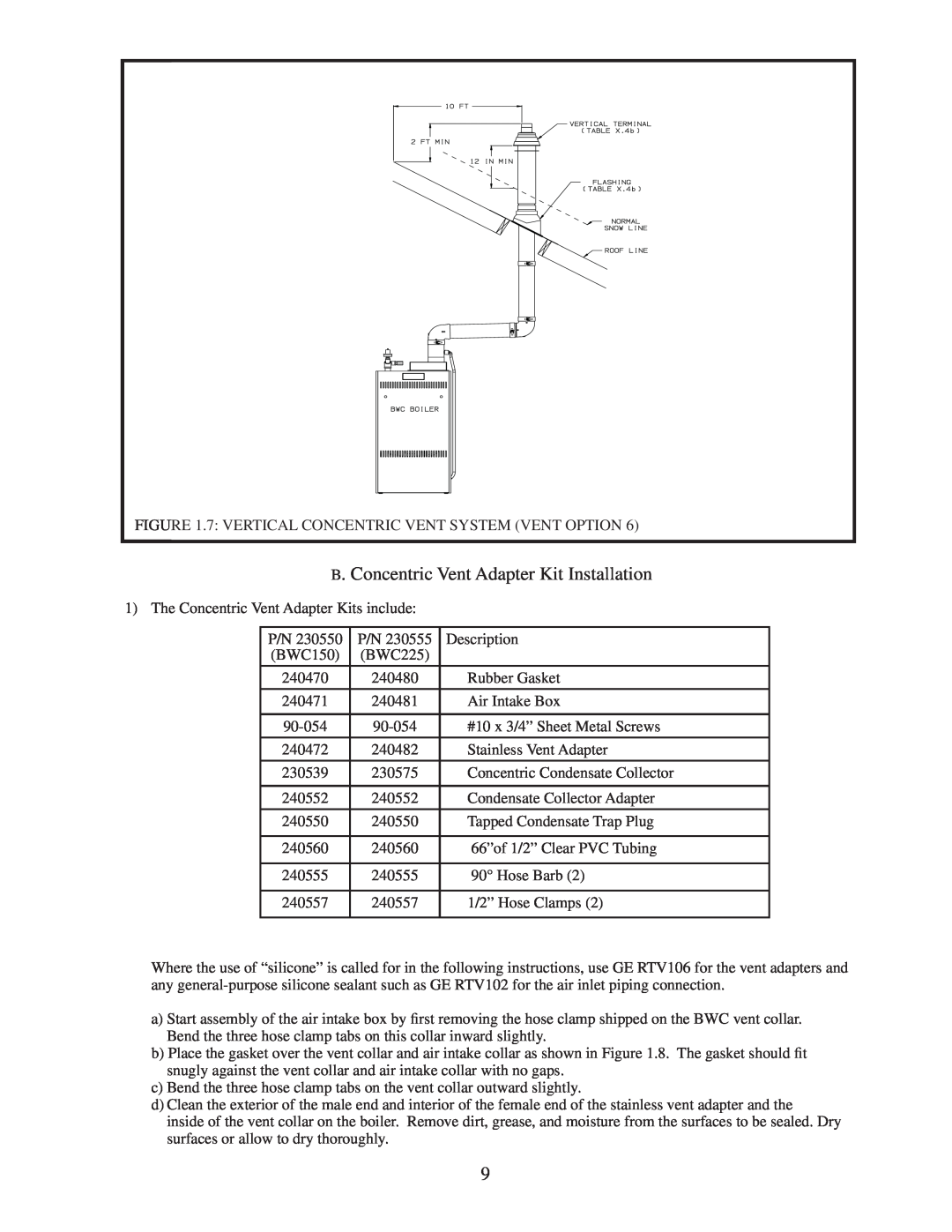 Crown Boiler M600 B. Concentric Vent Adapter Kit Installation, 7 VERTICAL CONCENTRIC VENT SYSTEM VENT OPTION, Description 