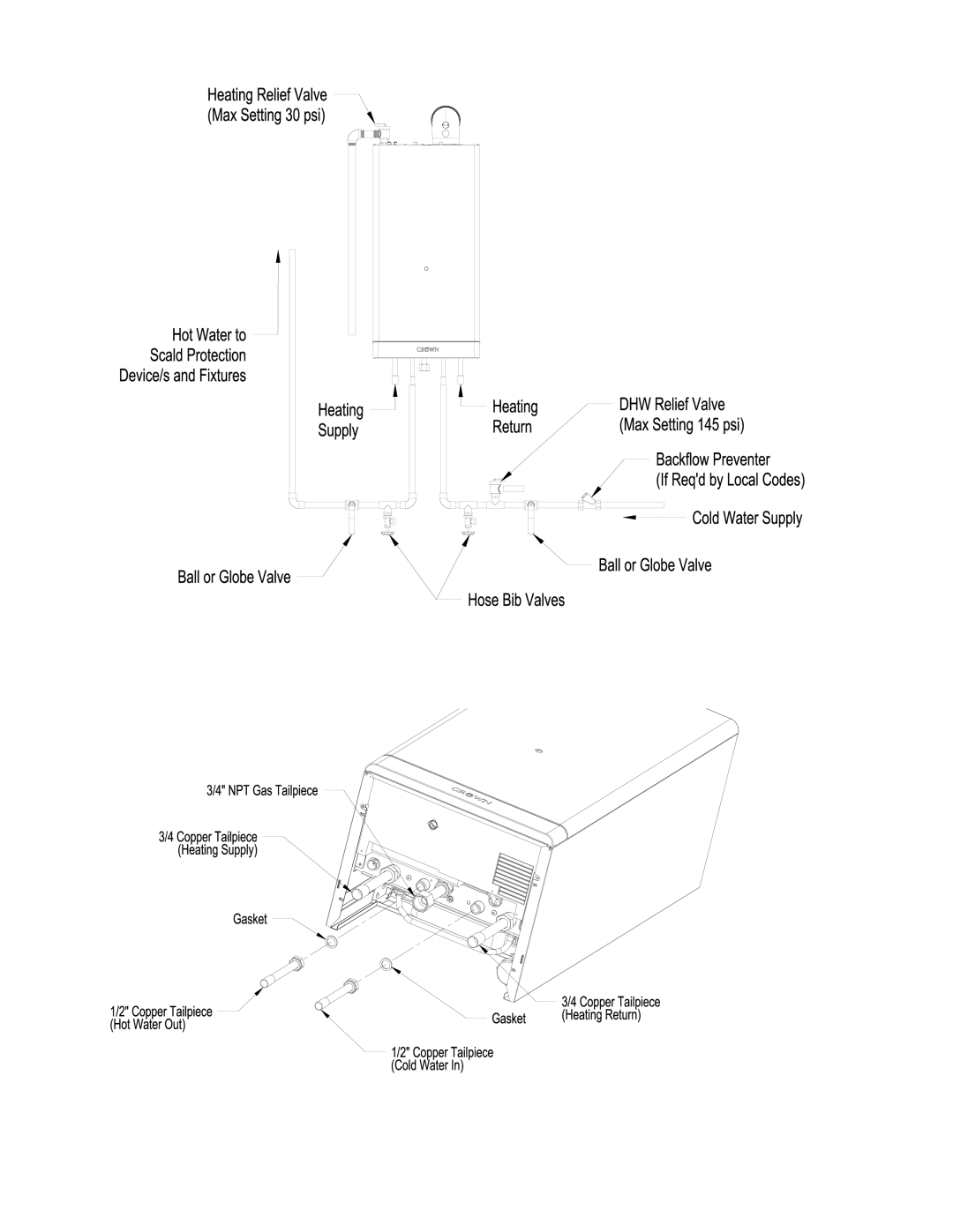 Crown Boiler MWC116ENL, MWC Series, MWC116ELL, MWC116ENT, MWC116ELT manual DHW Piping 