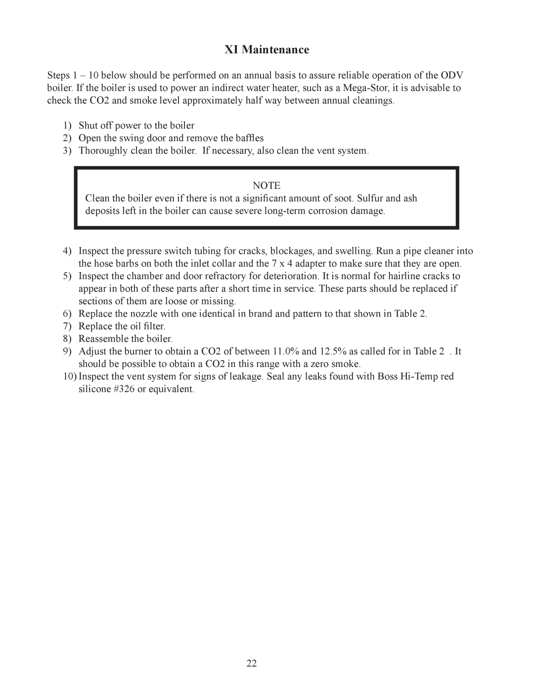 Crown Boiler ODV-125, ODV-100, ODV-75 manual XI Maintenance 