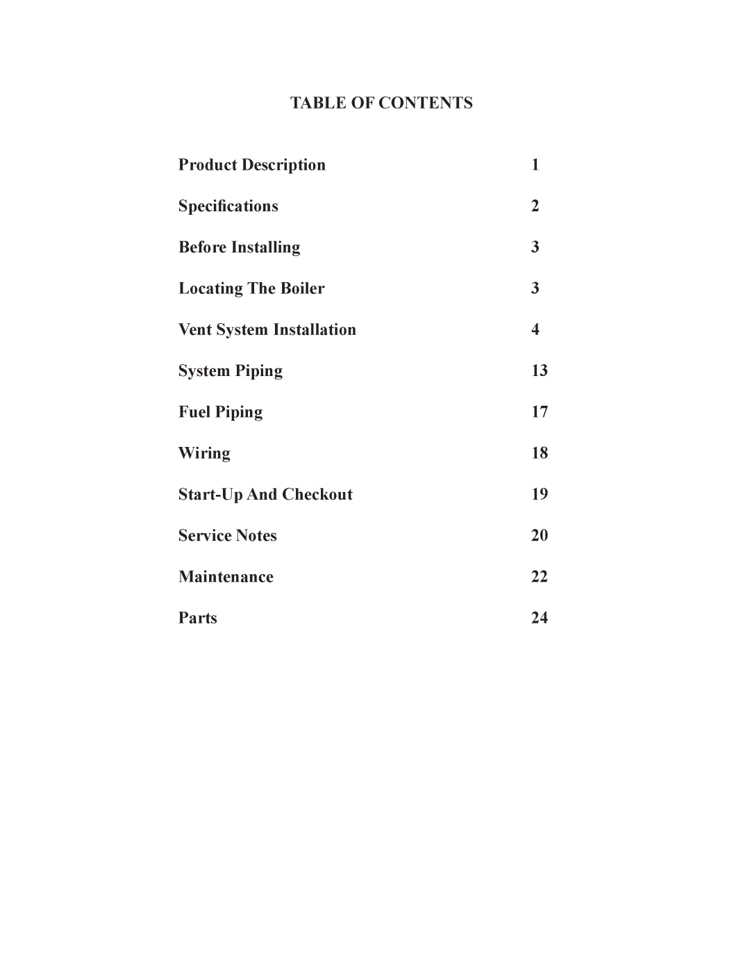 Crown Boiler ODV-100, ODV-125, ODV-75 manual Table of Contents 